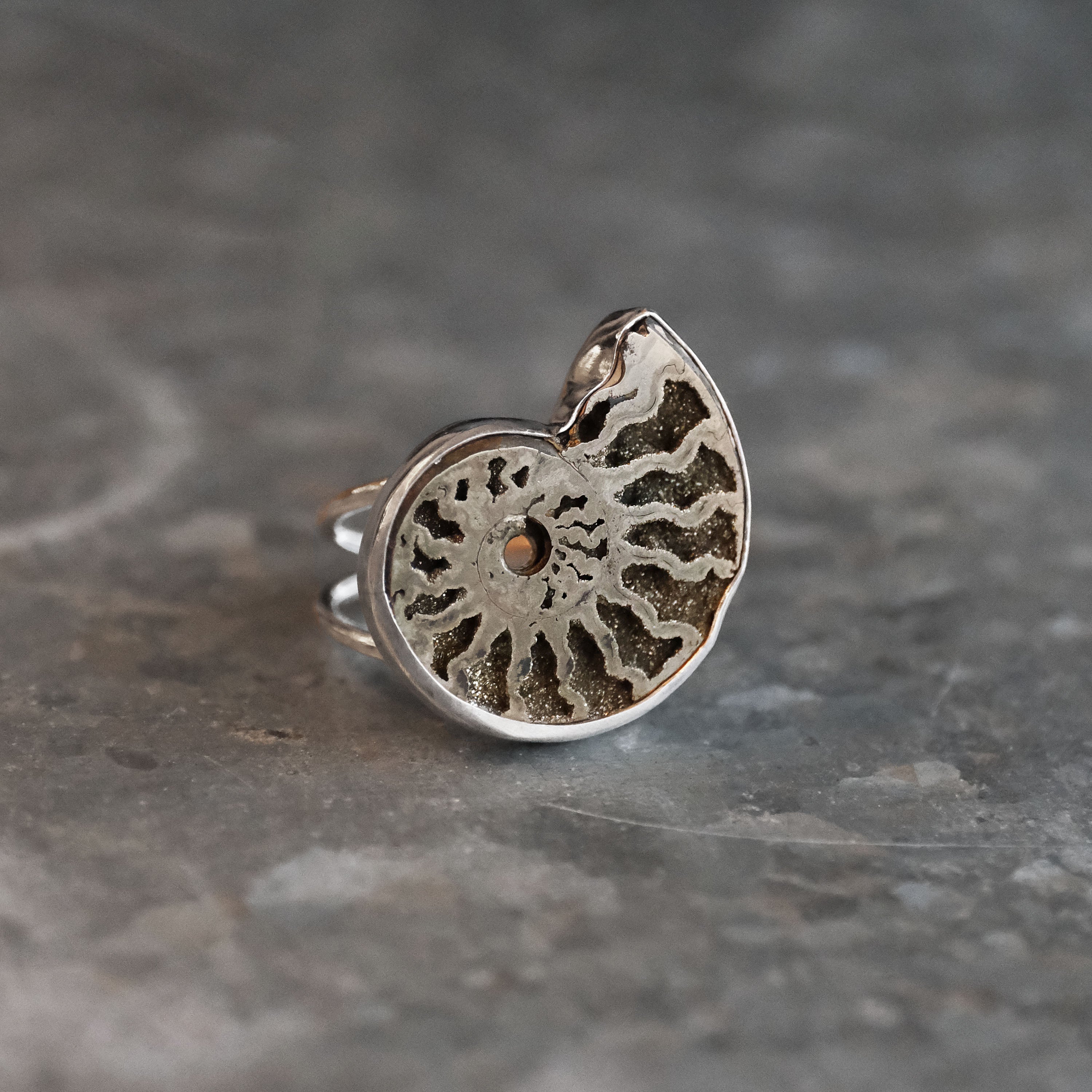 Pyrized Ammonite Fossil Ring (Size 7) - One of a Kind