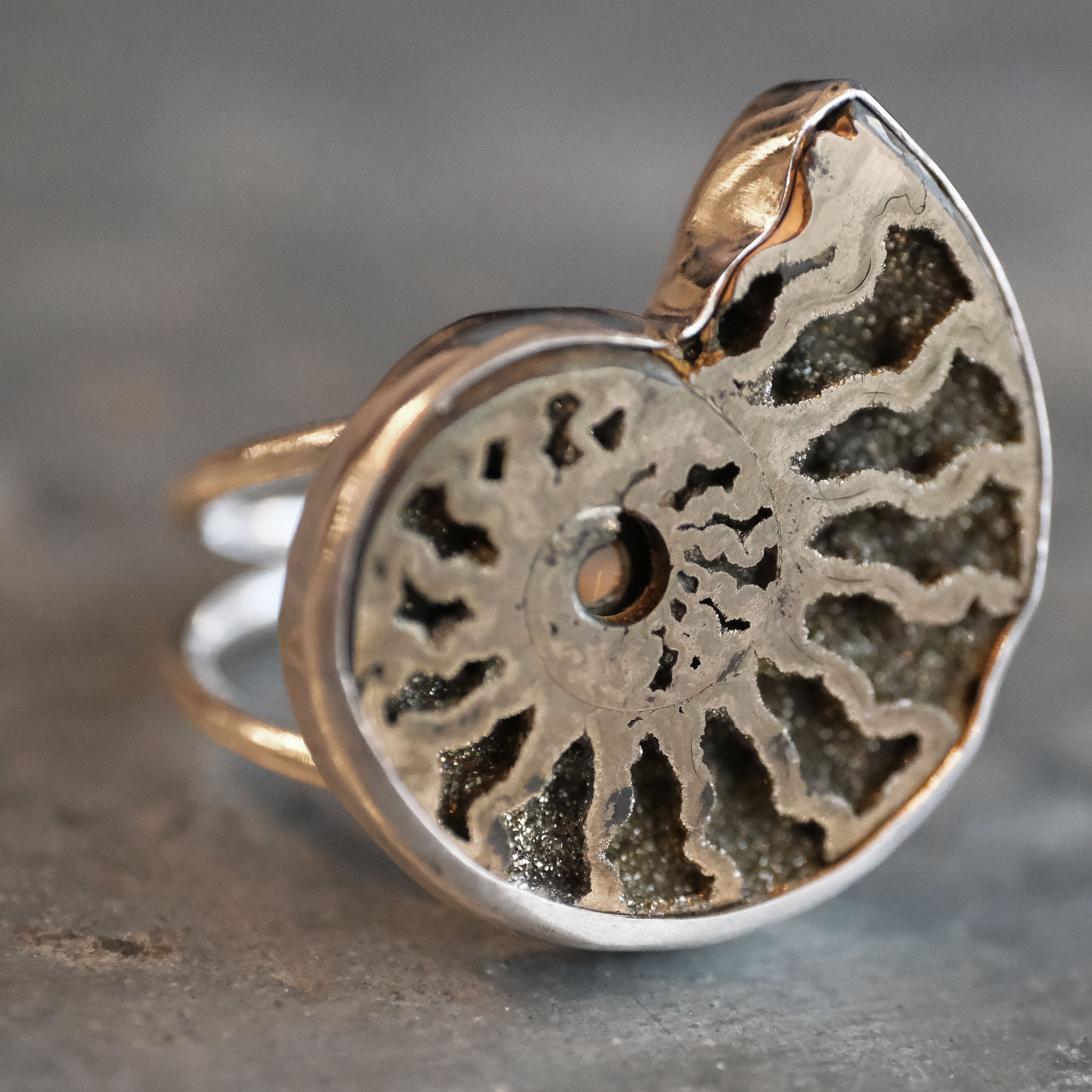 Pyrized Ammonite Fossil Ring (Size 7) - One of a Kind
