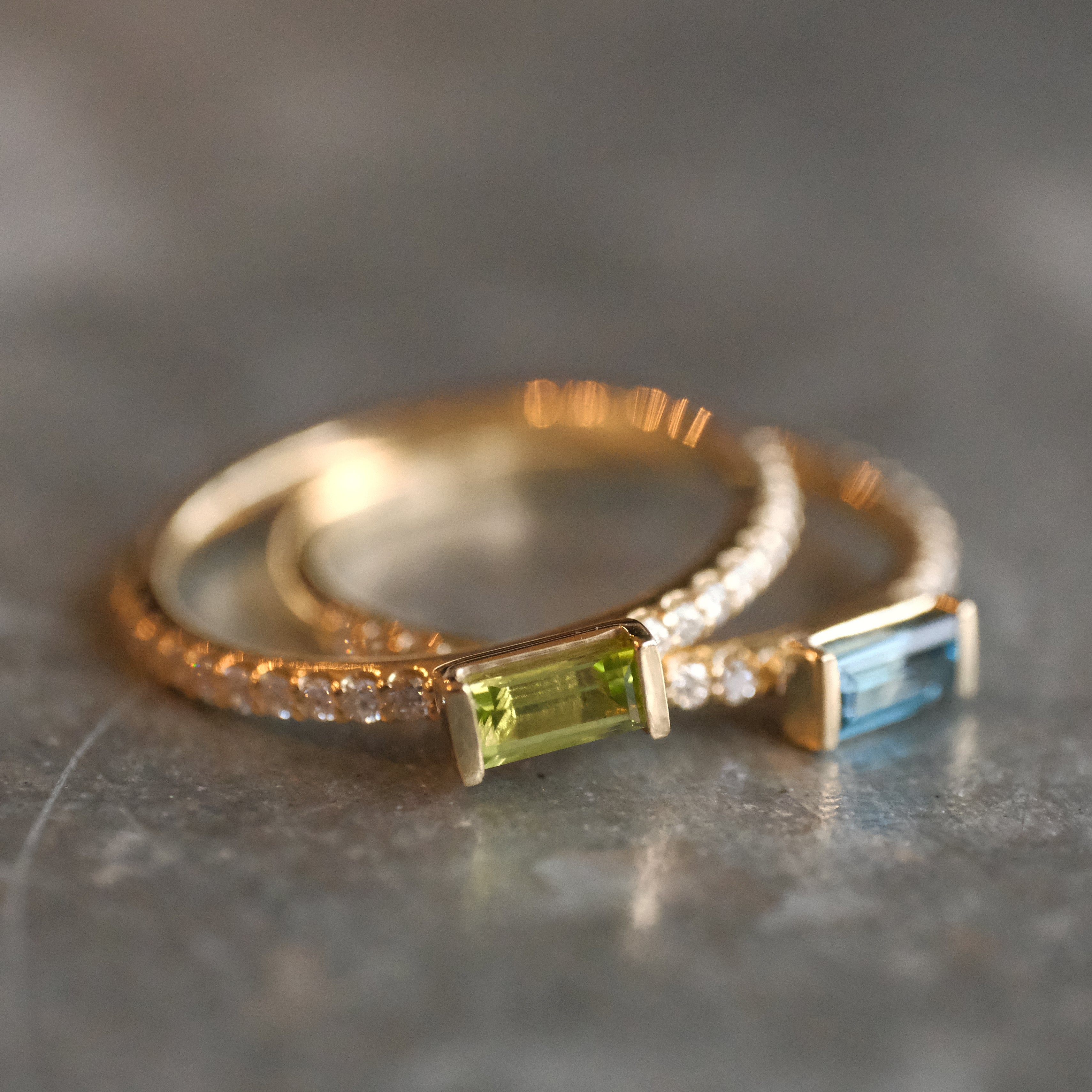 14k Peridot + Natural Diamond Monaco Ring