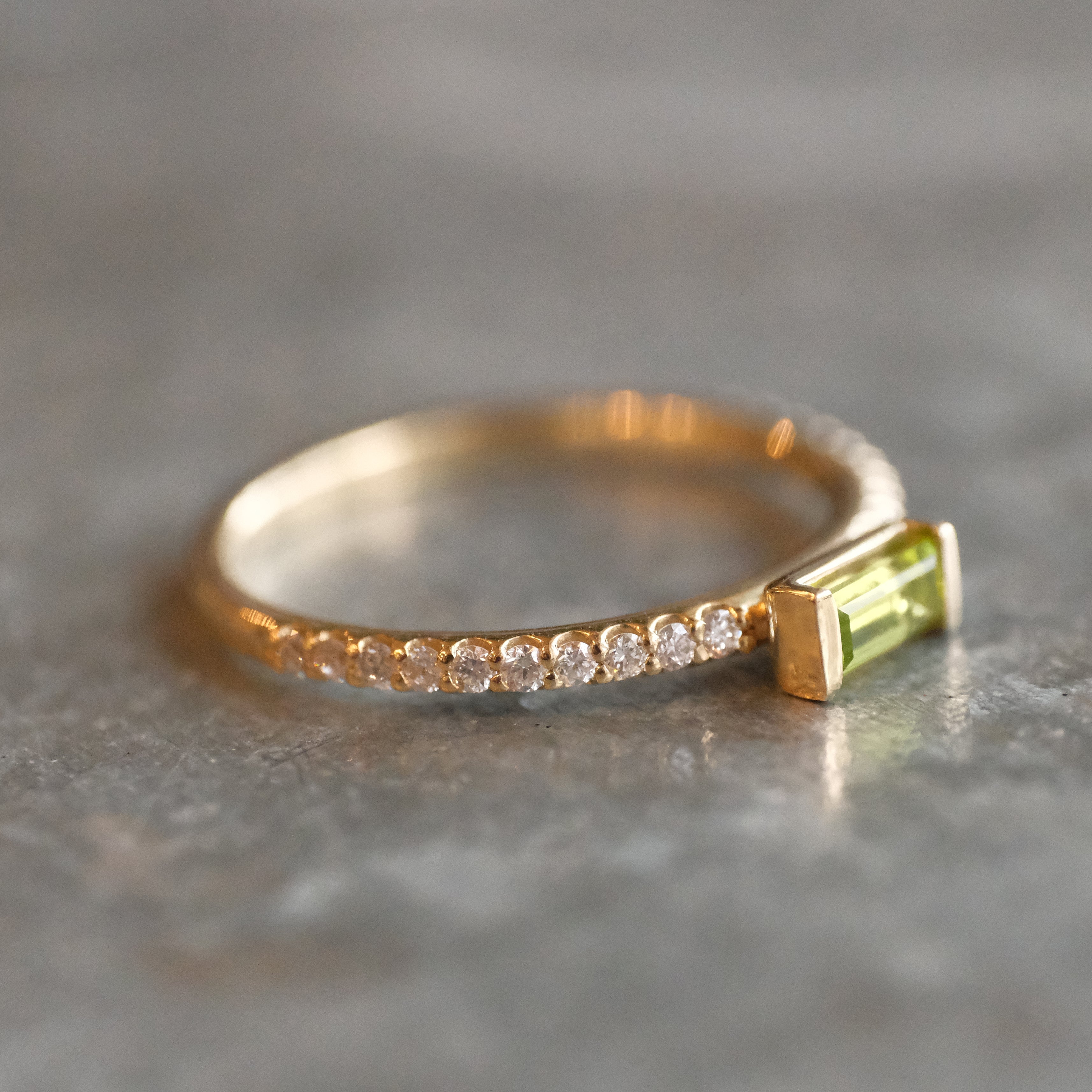 14k Peridot + Natural Diamond Monaco Ring
