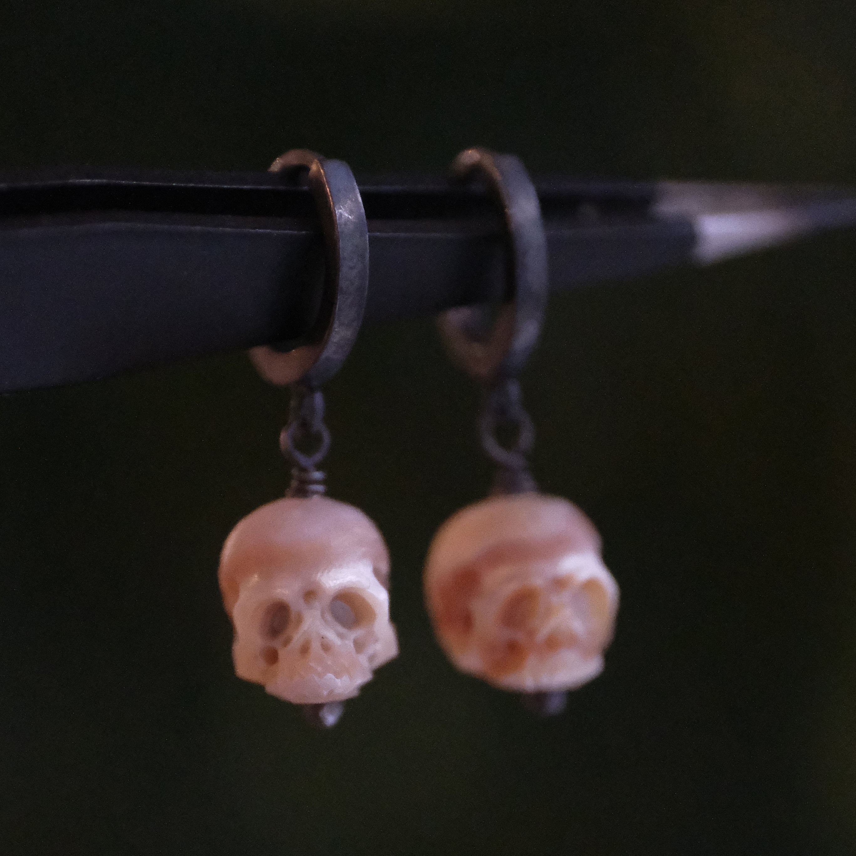 La Morte Carved Pearl Skull Earrings - One of a Kind