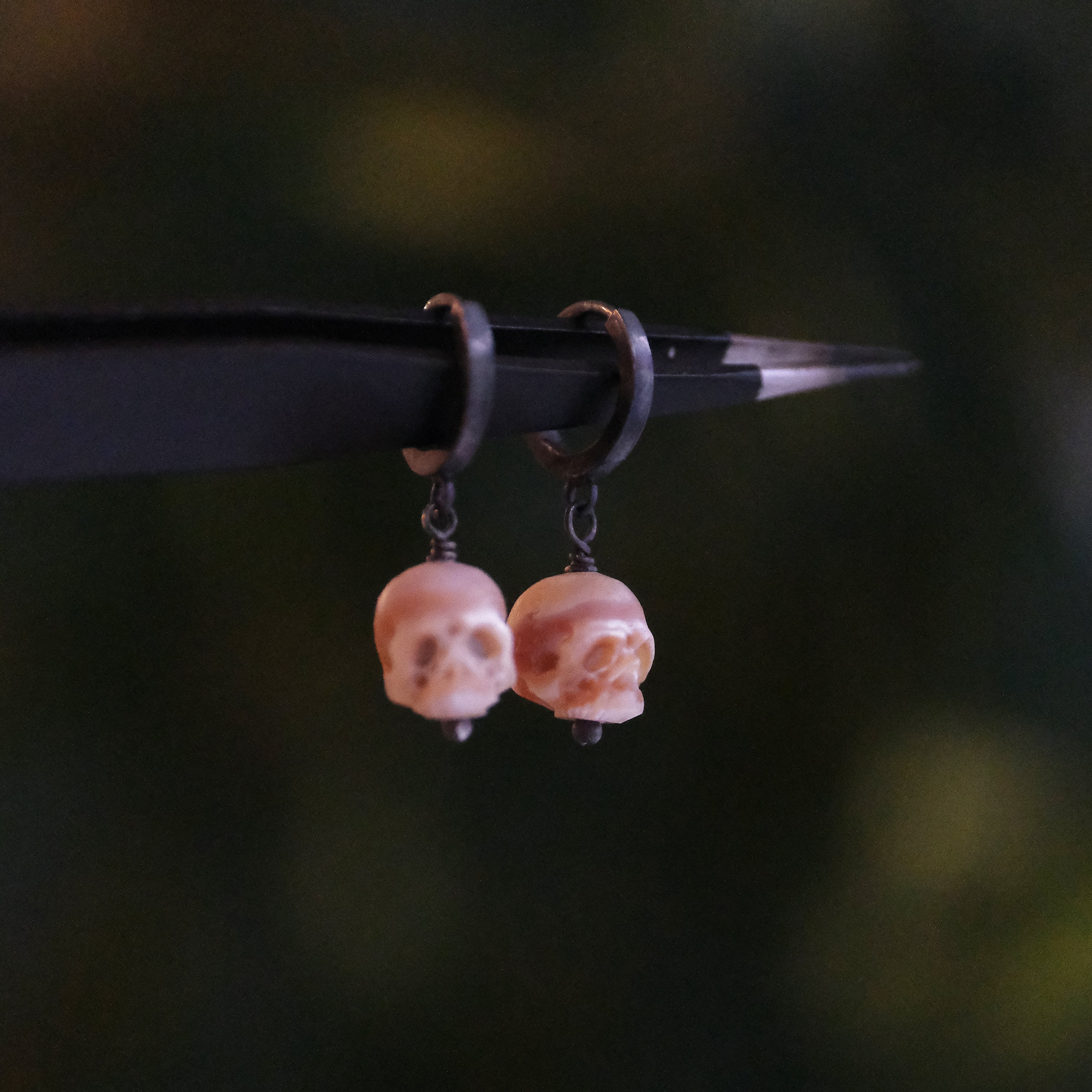 La Morte Carved Pearl Skull Earrings - One of a Kind
