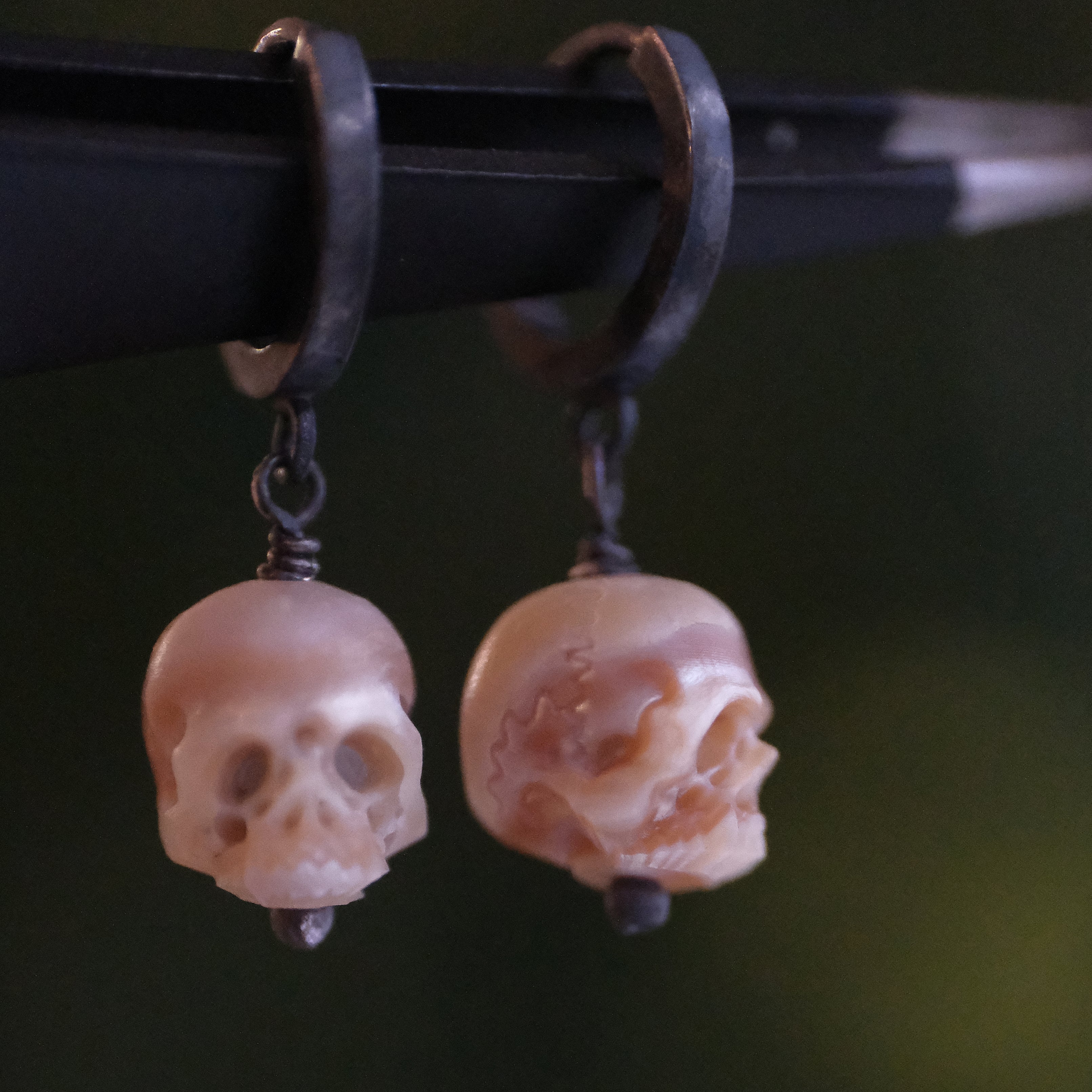 La Morte Carved Pearl Skull Earrings - One of a Kind
