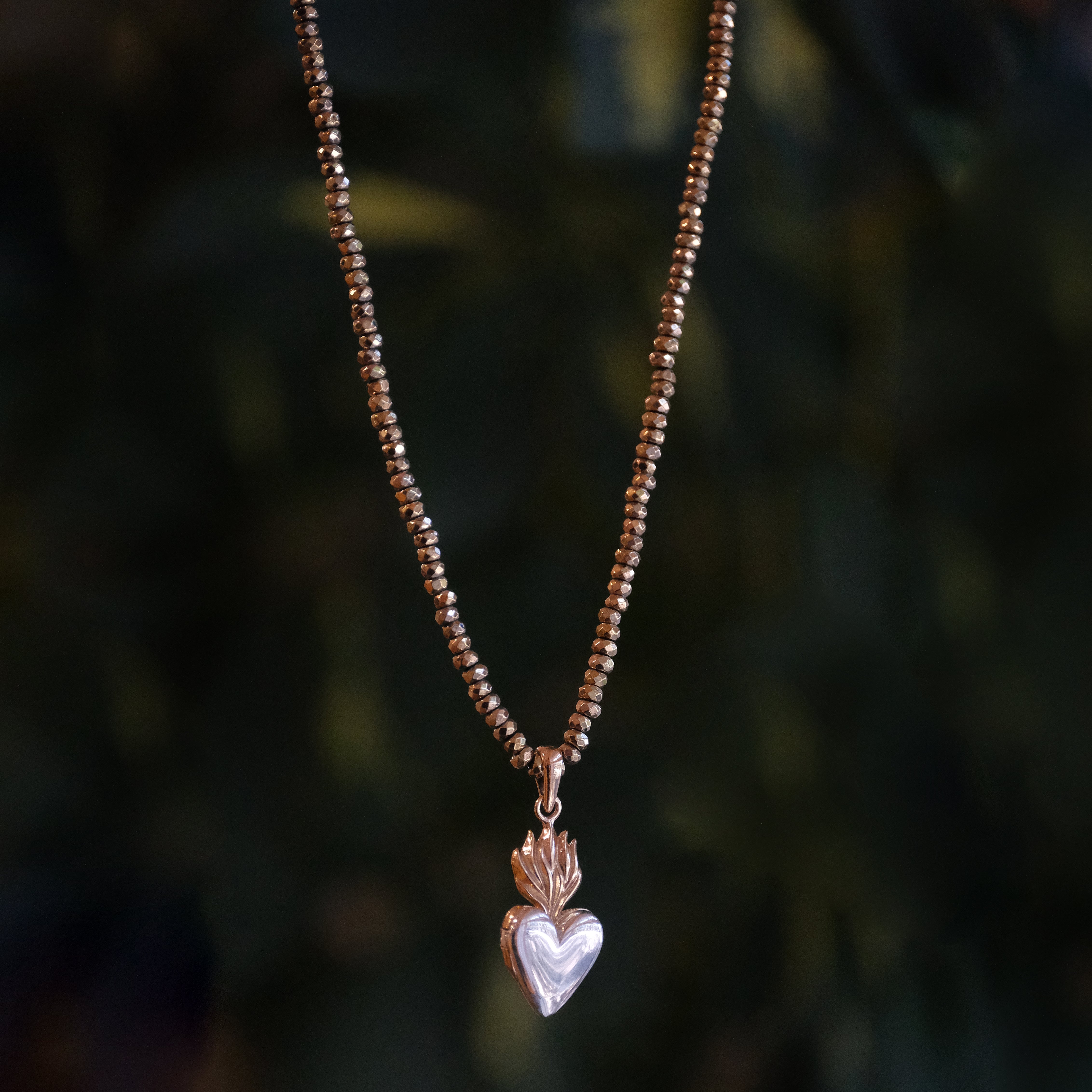 Pyrite + Bronze + Sterling Flaming Heart Locket