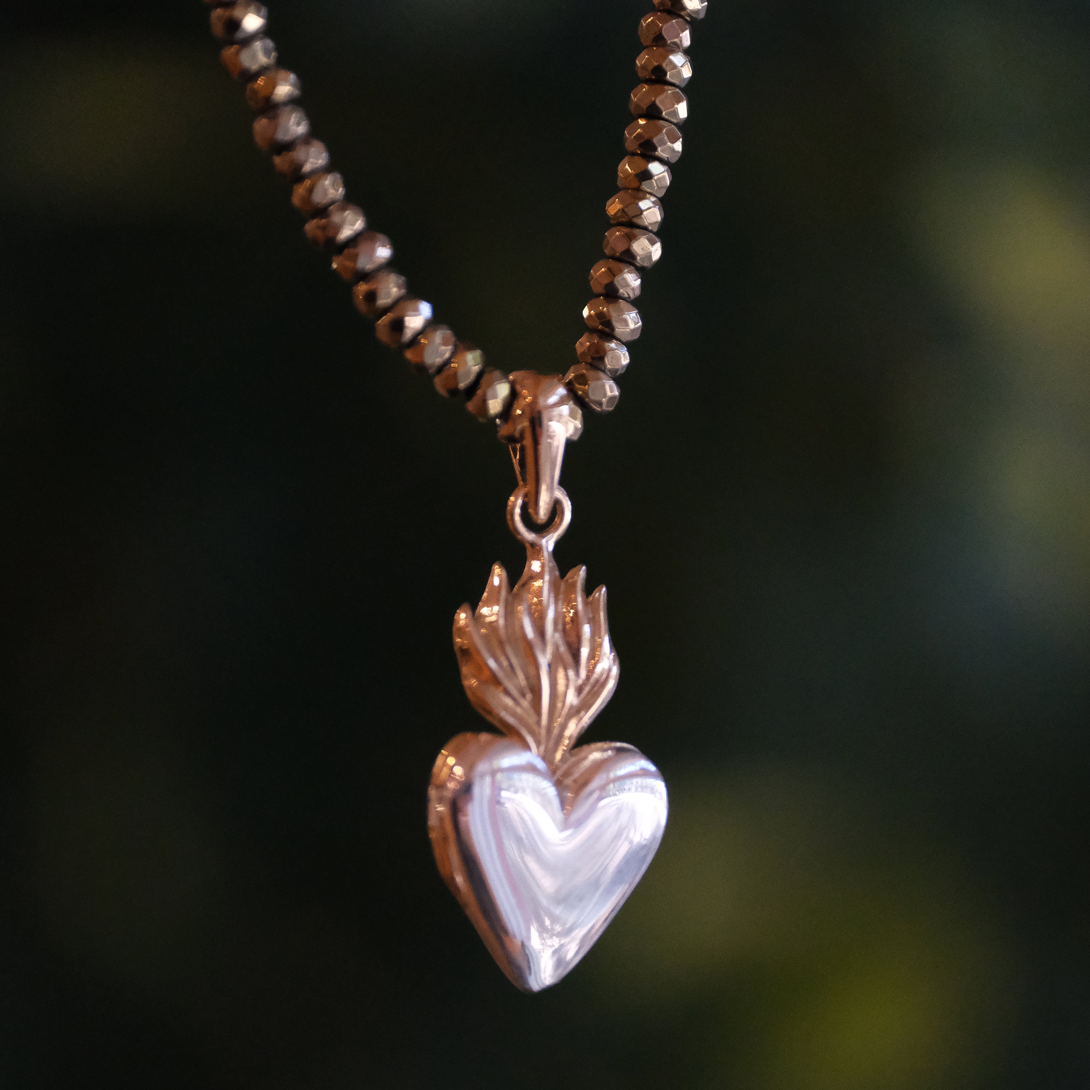Pyrite + Bronze + Sterling Flaming Heart Locket