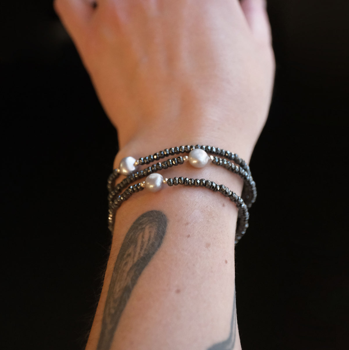 Hematite + Freshwater Pearl Lady Midnight Bracelets