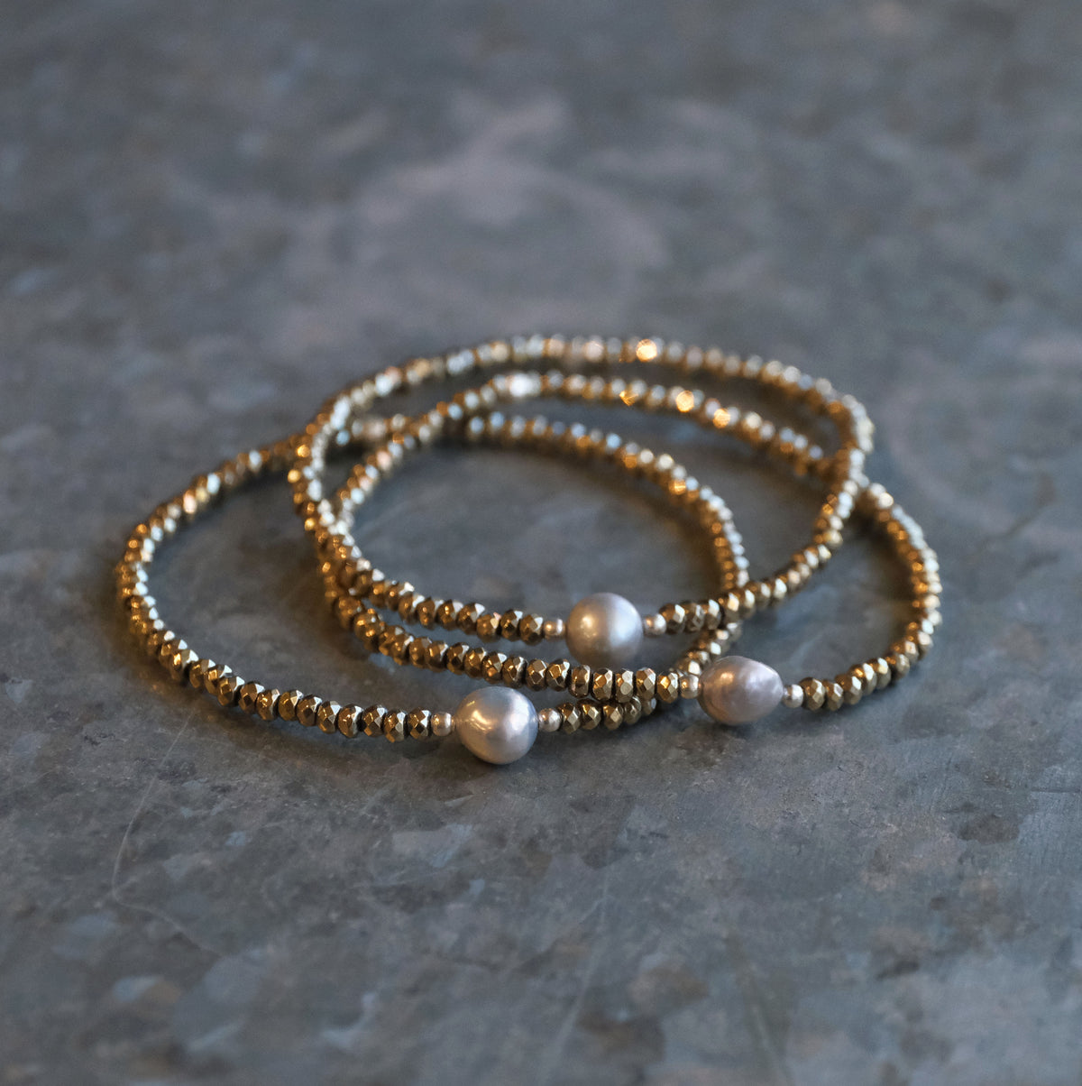 Pyrite + Freshwater Pearl Lady Grey Bracelets