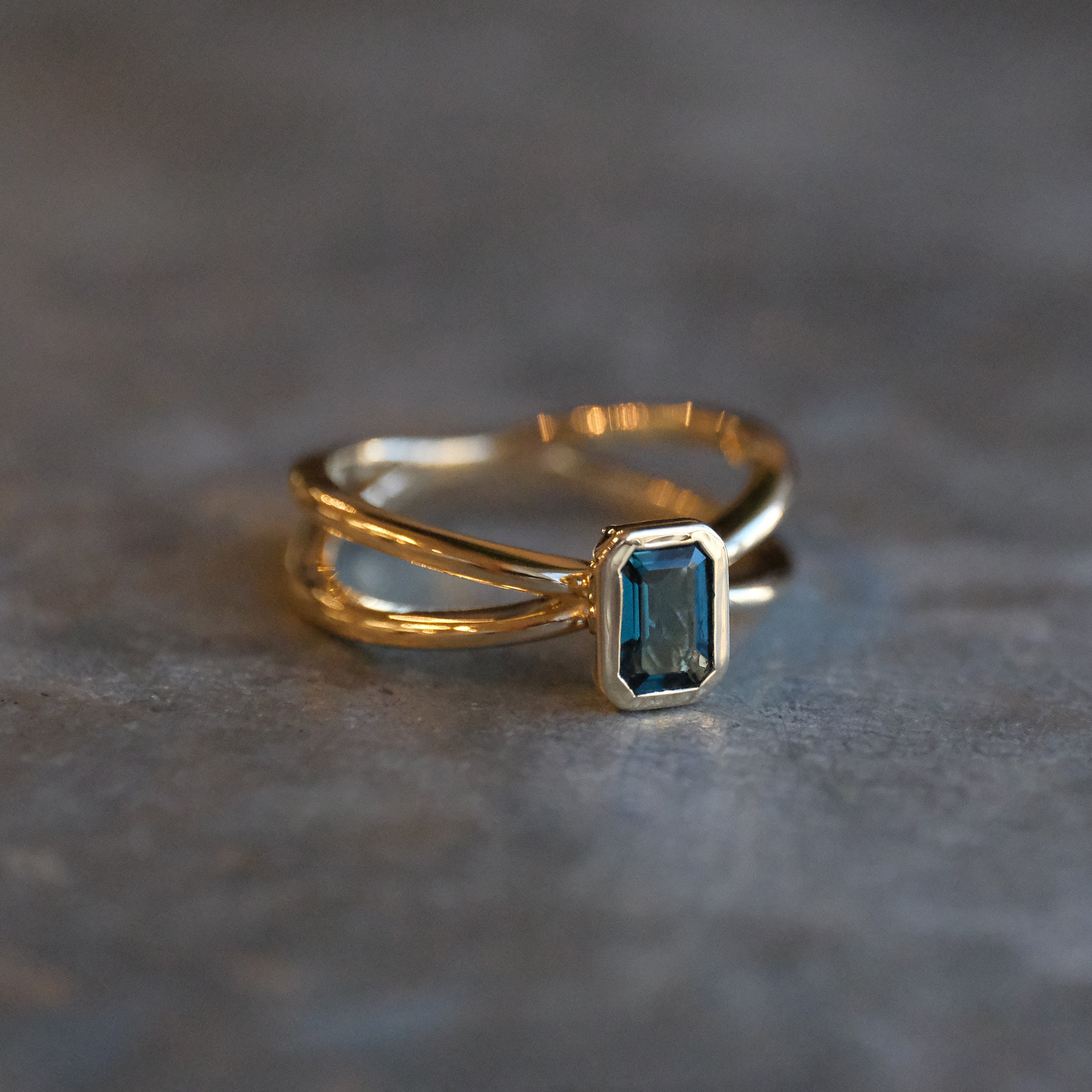 14k + London Blue Topaz Atom Ring