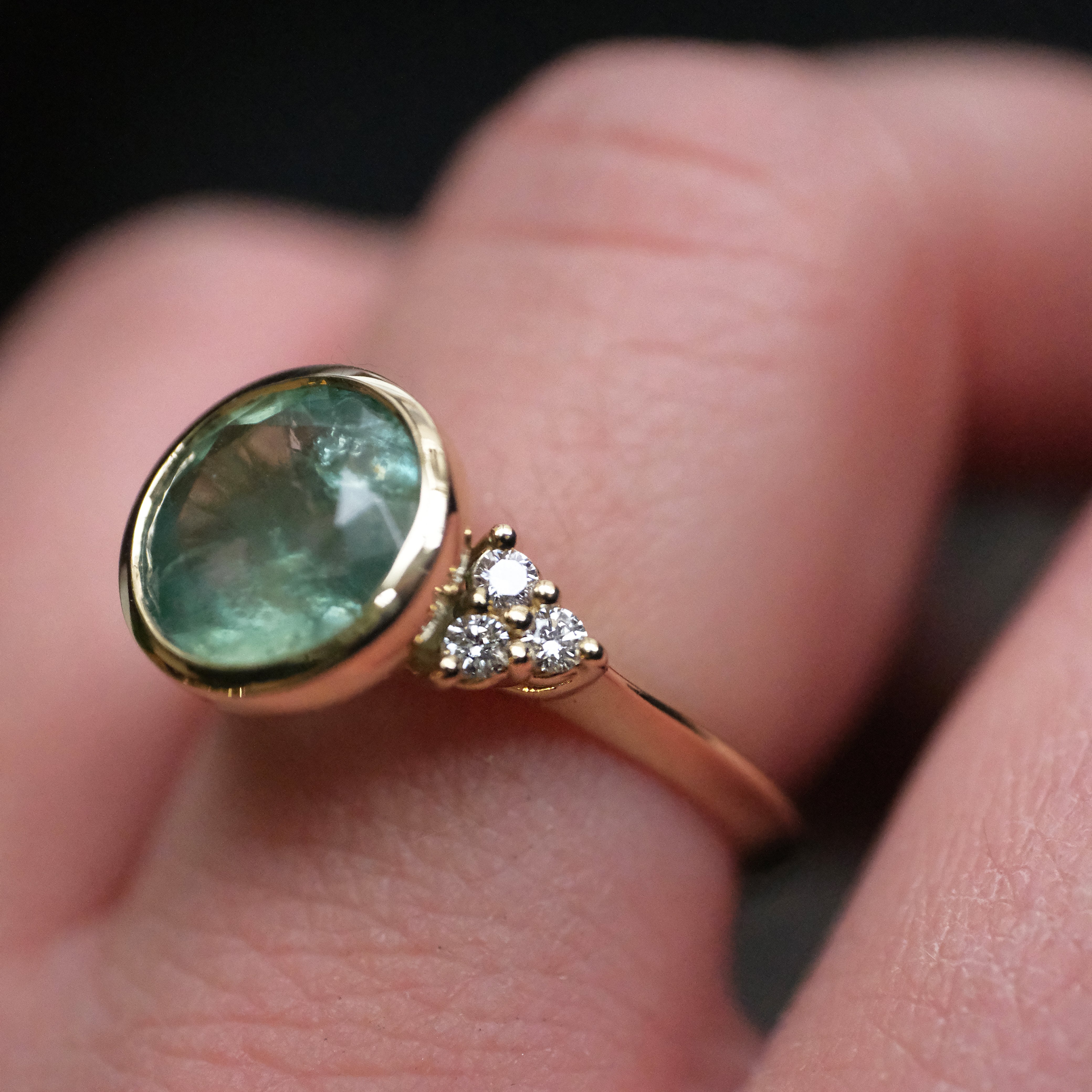 14k Kornerupine + Natural Diamond Spearmint Ring - One of a Kind