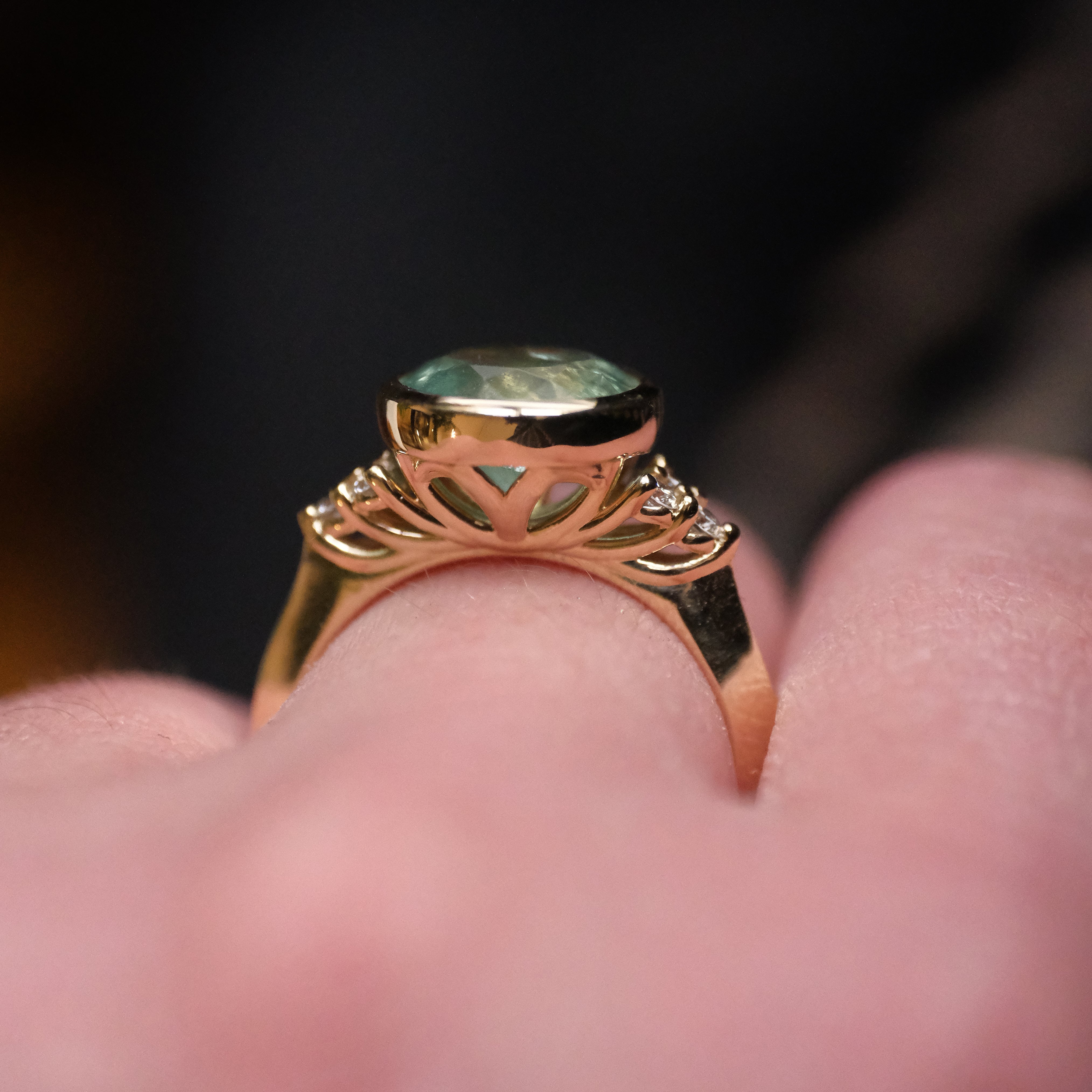 14k Kornerupine + Natural Diamond Spearmint Ring - One of a Kind