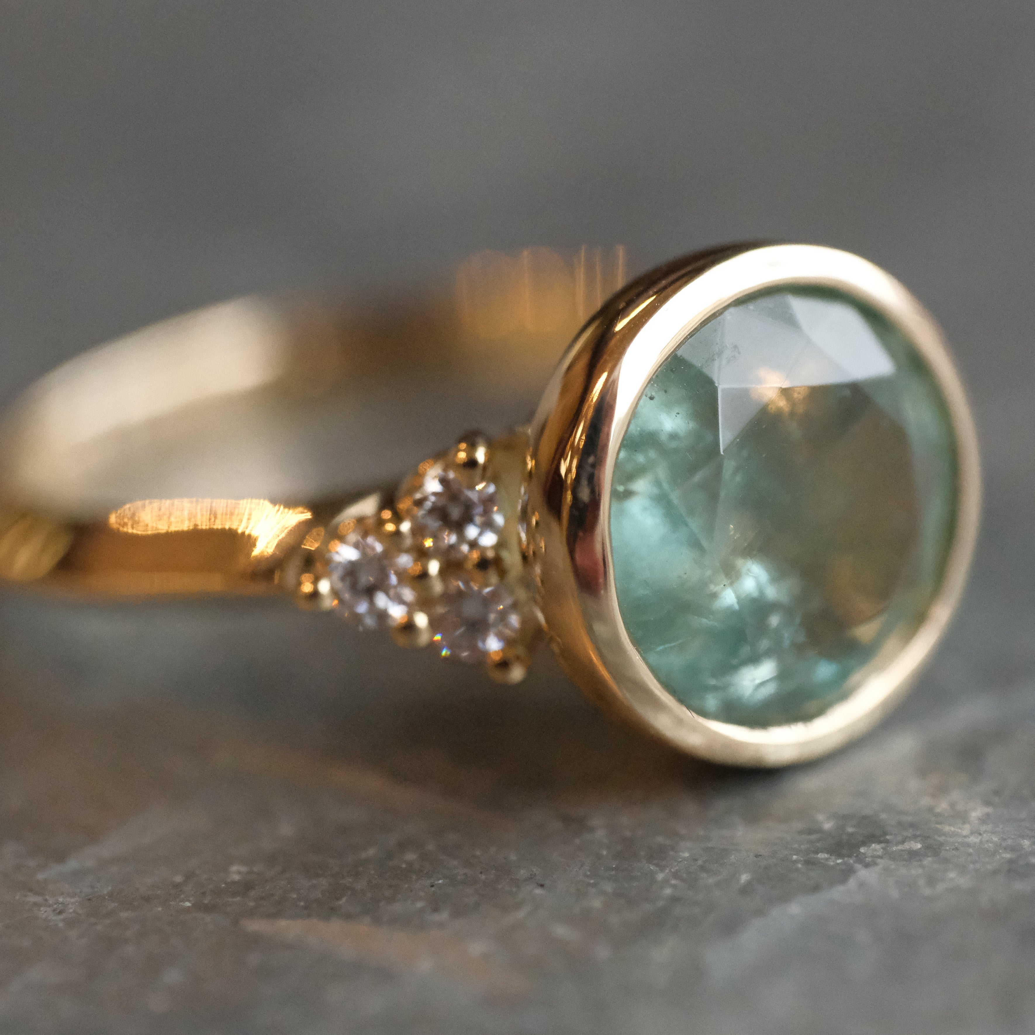 14k Kornerupine + Natural Diamond Spearmint Ring - One of a Kind