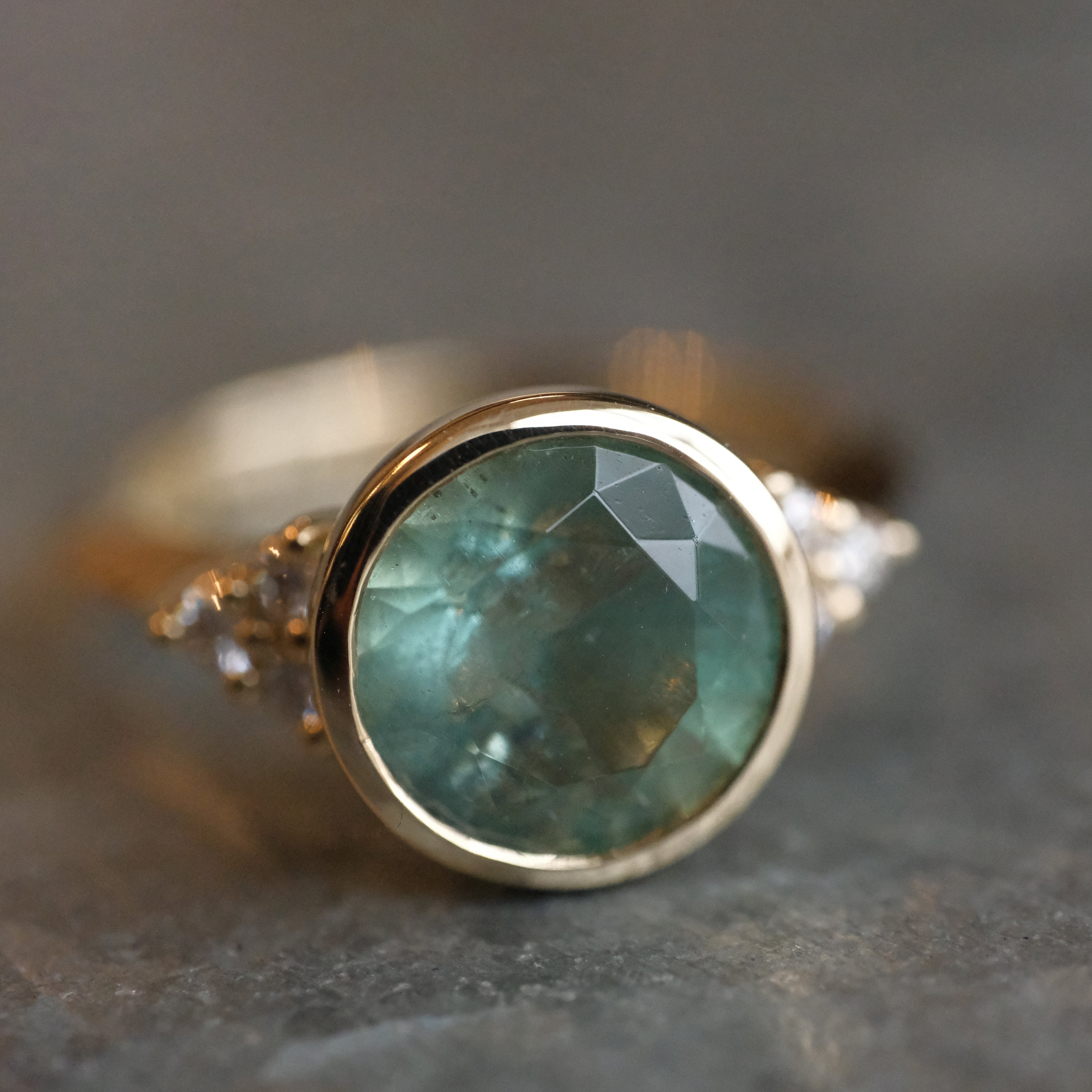14k Kornerupine + Natural Diamond Spearmint Ring - One of a Kind