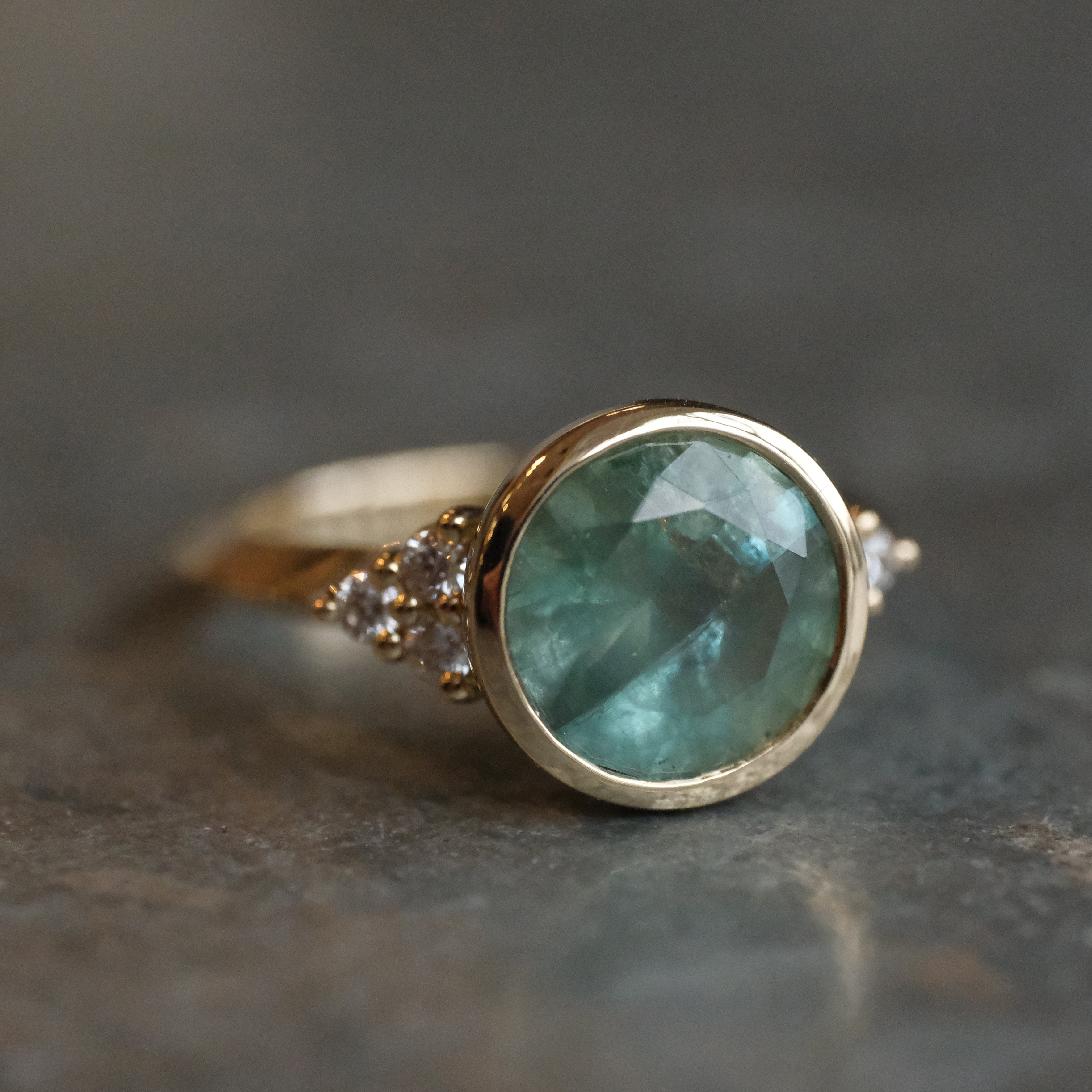 14k Kornerupine + Natural Diamond Spearmint Ring - One of a Kind