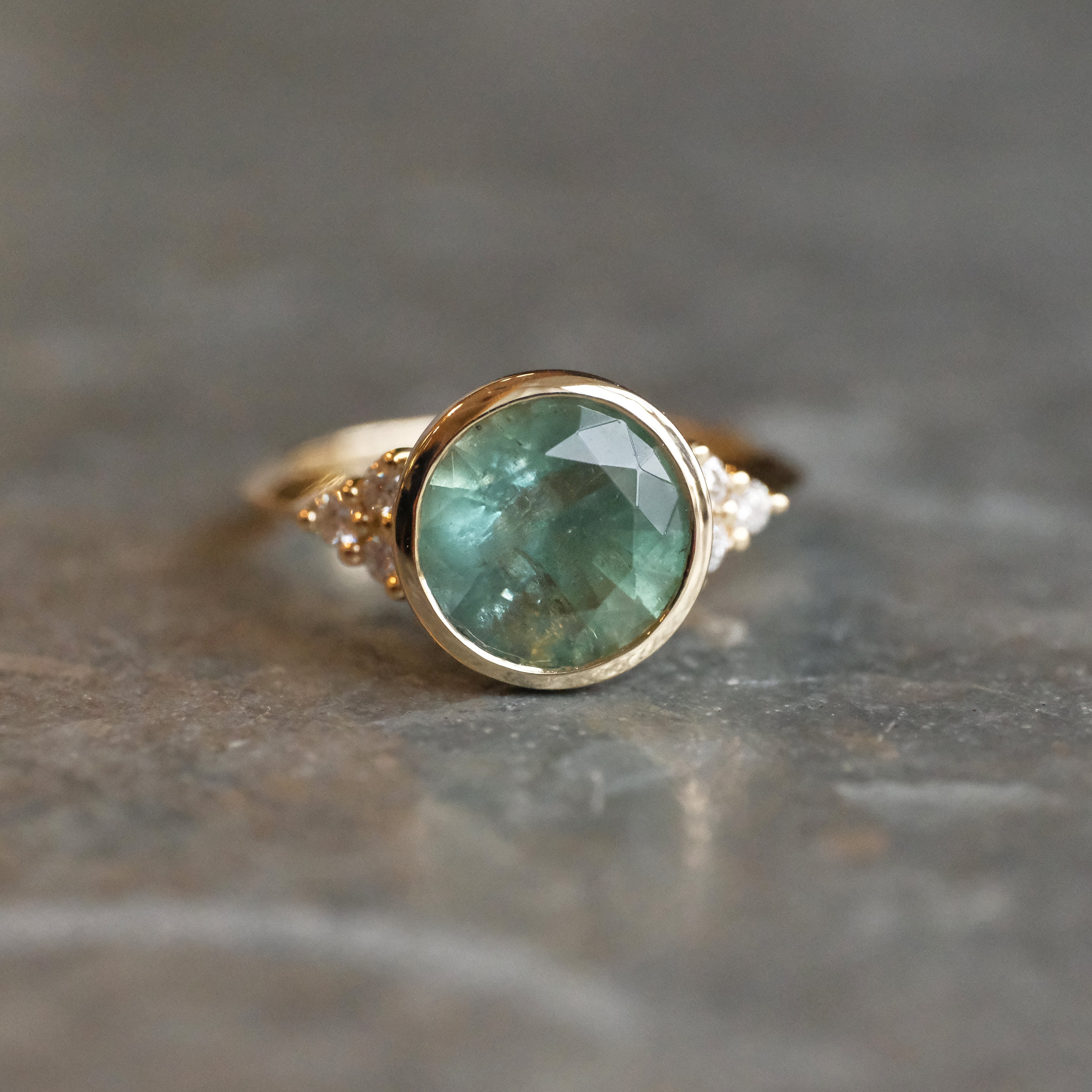 14k Kornerupine + Natural Diamond Spearmint Ring - One of a Kind
