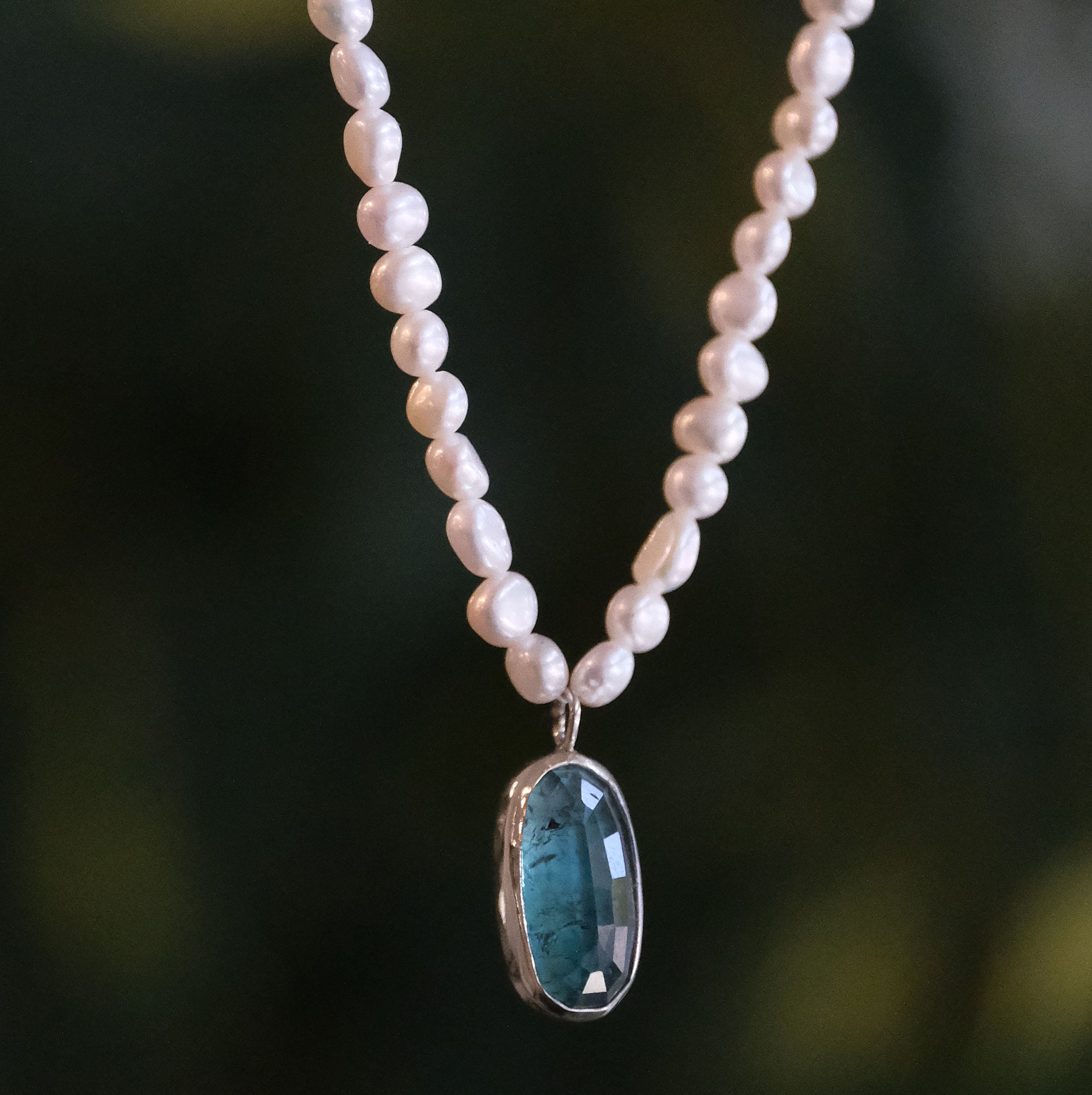 Freshwater Pearl + Aqua Tourmaline Necklace - One of a Kind