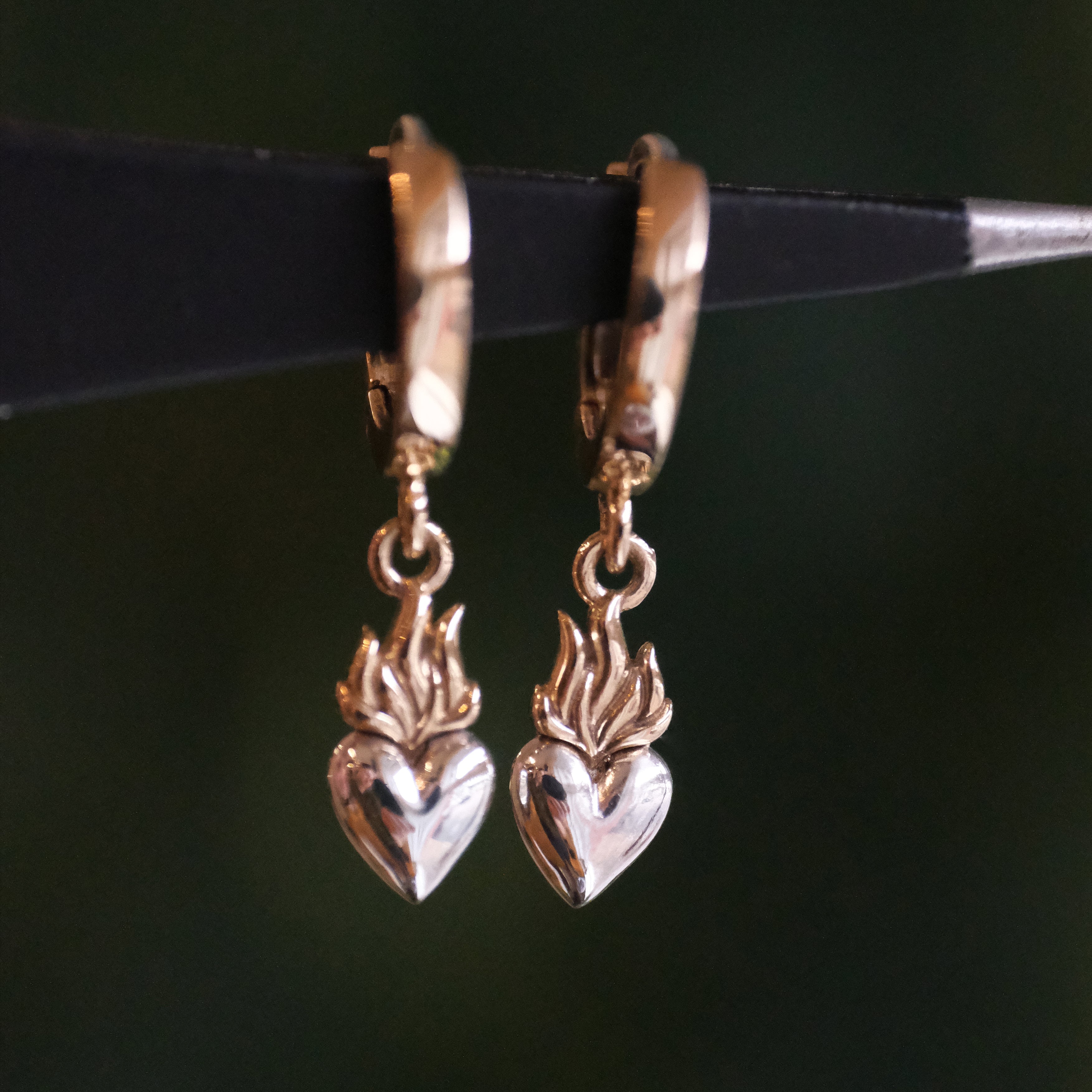 Bronze + Sterling Flaming Heart Huggers
