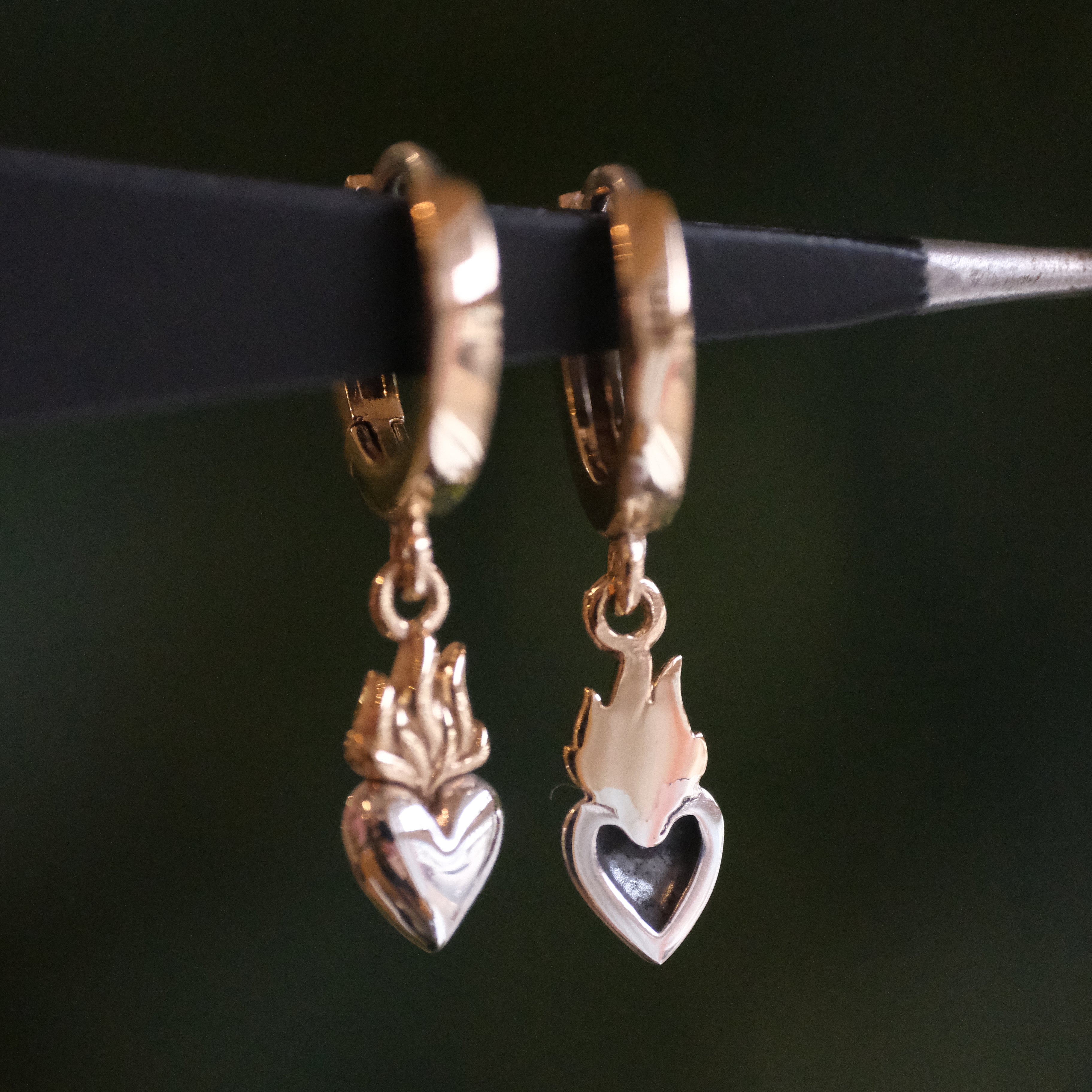 Bronze + Sterling Flaming Heart Huggers