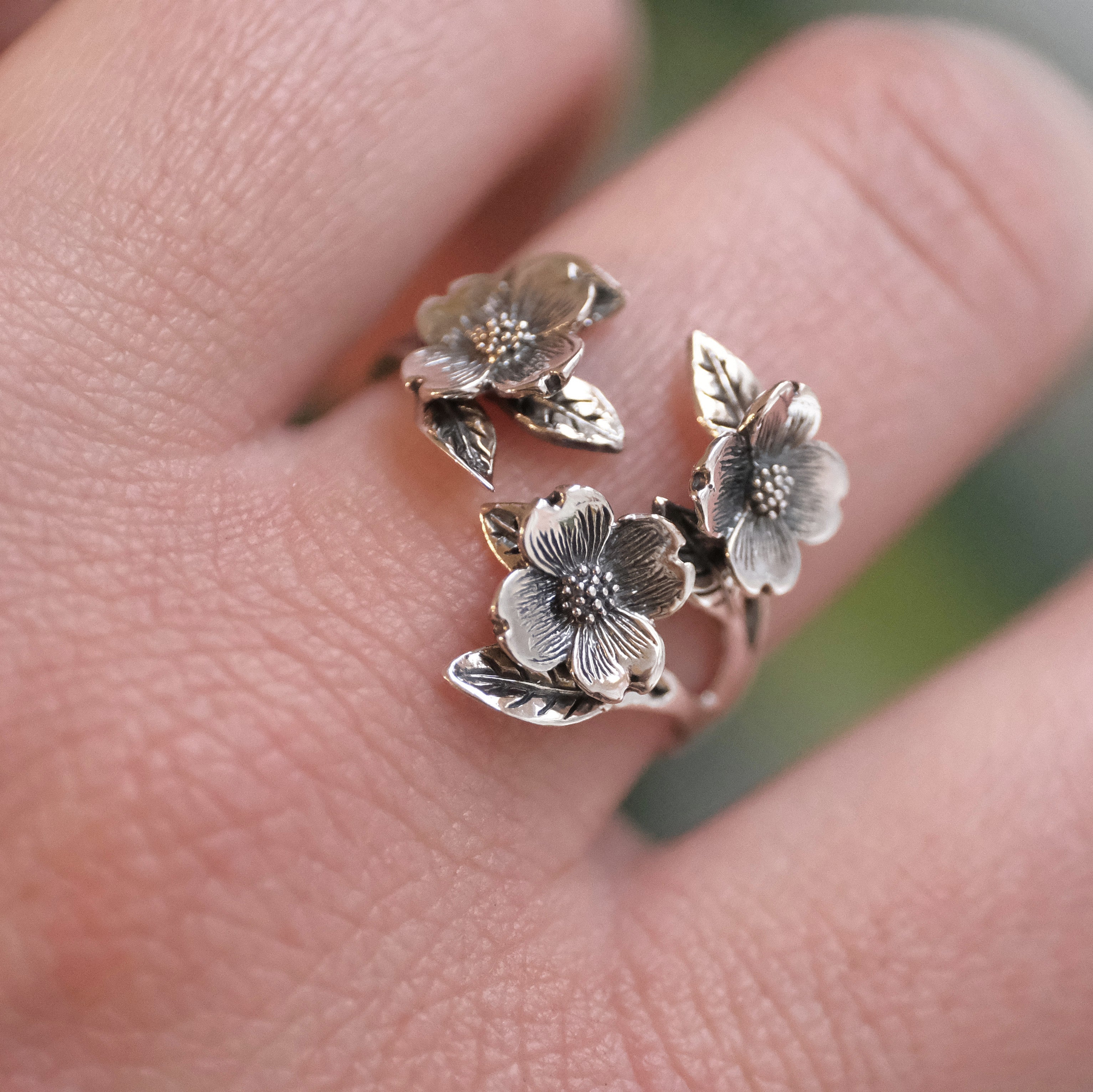 Sterling Dogwood Blossom Ring - Adjustable