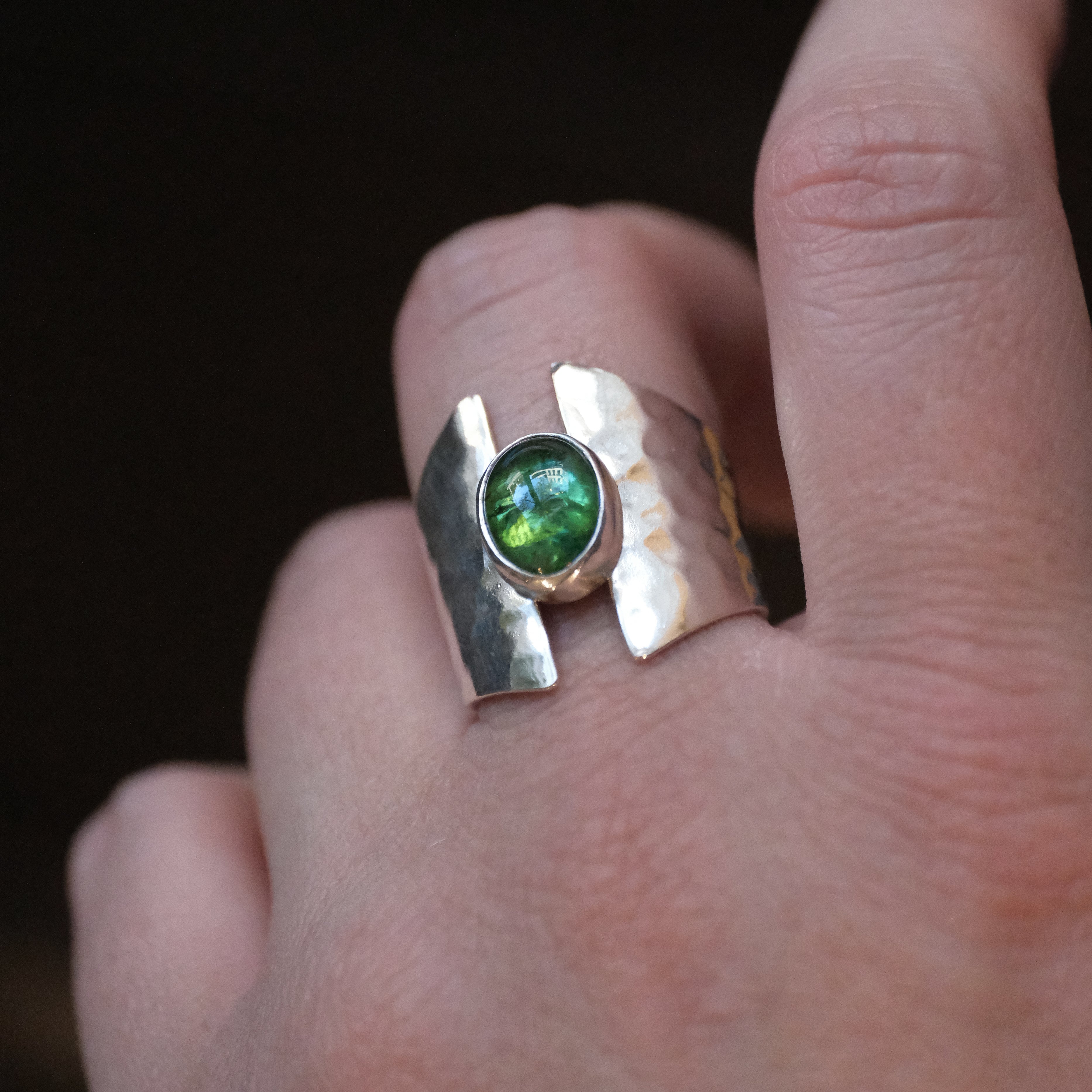 Green Tourmaline Shield Ring (Size 7.5) - One of a Kind