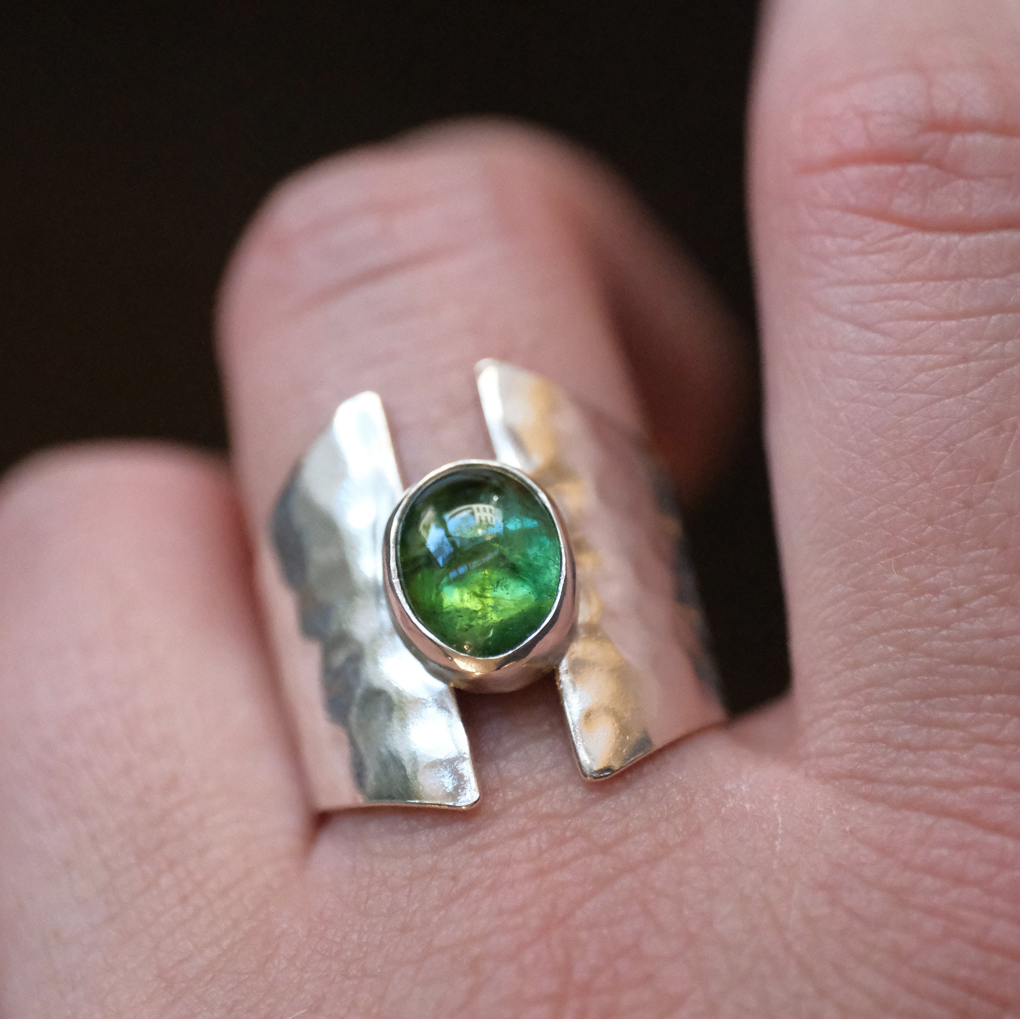 Green Tourmaline Shield Ring (Size 7.5) - One of a Kind