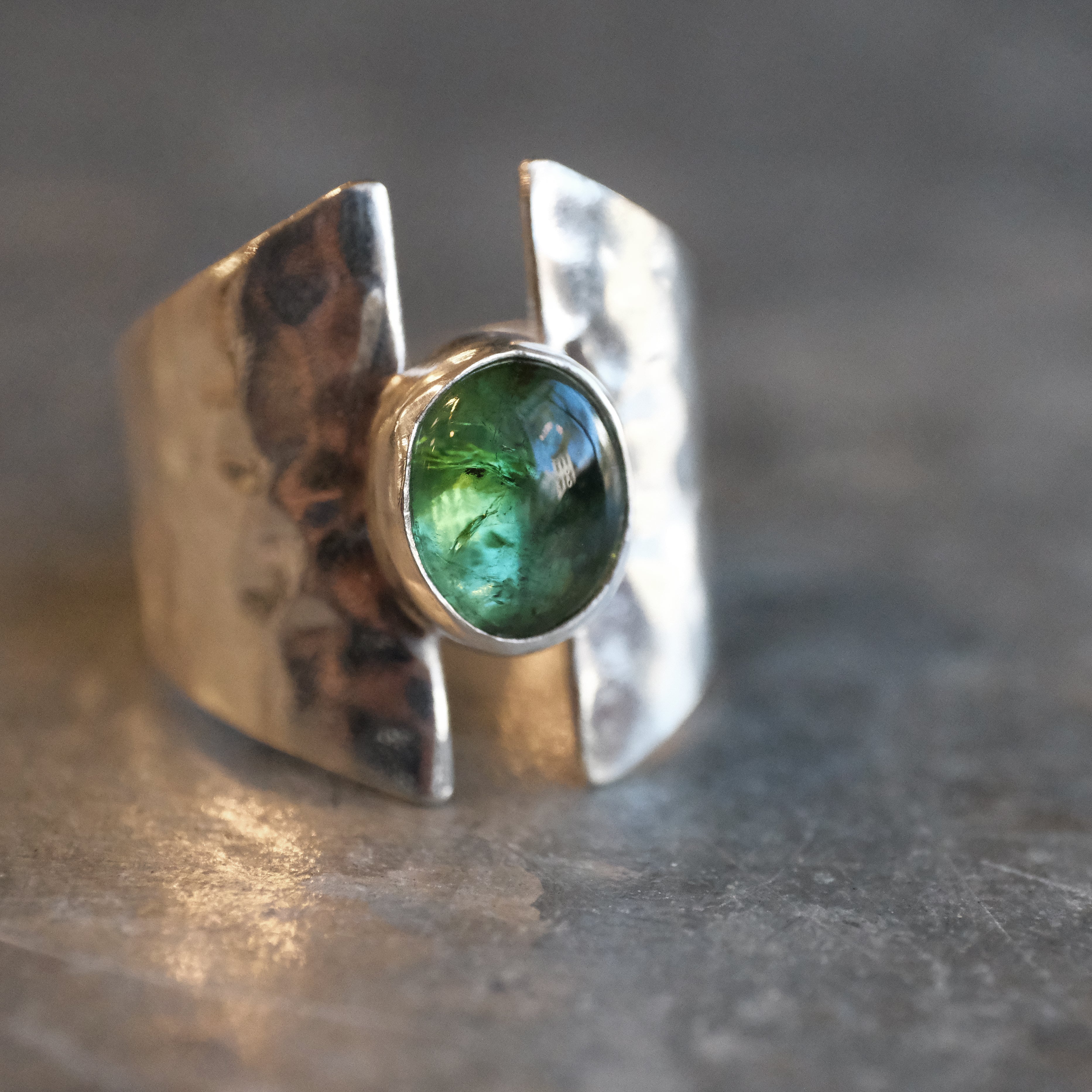 Green Tourmaline Shield Ring (Size 7.5) - One of a Kind
