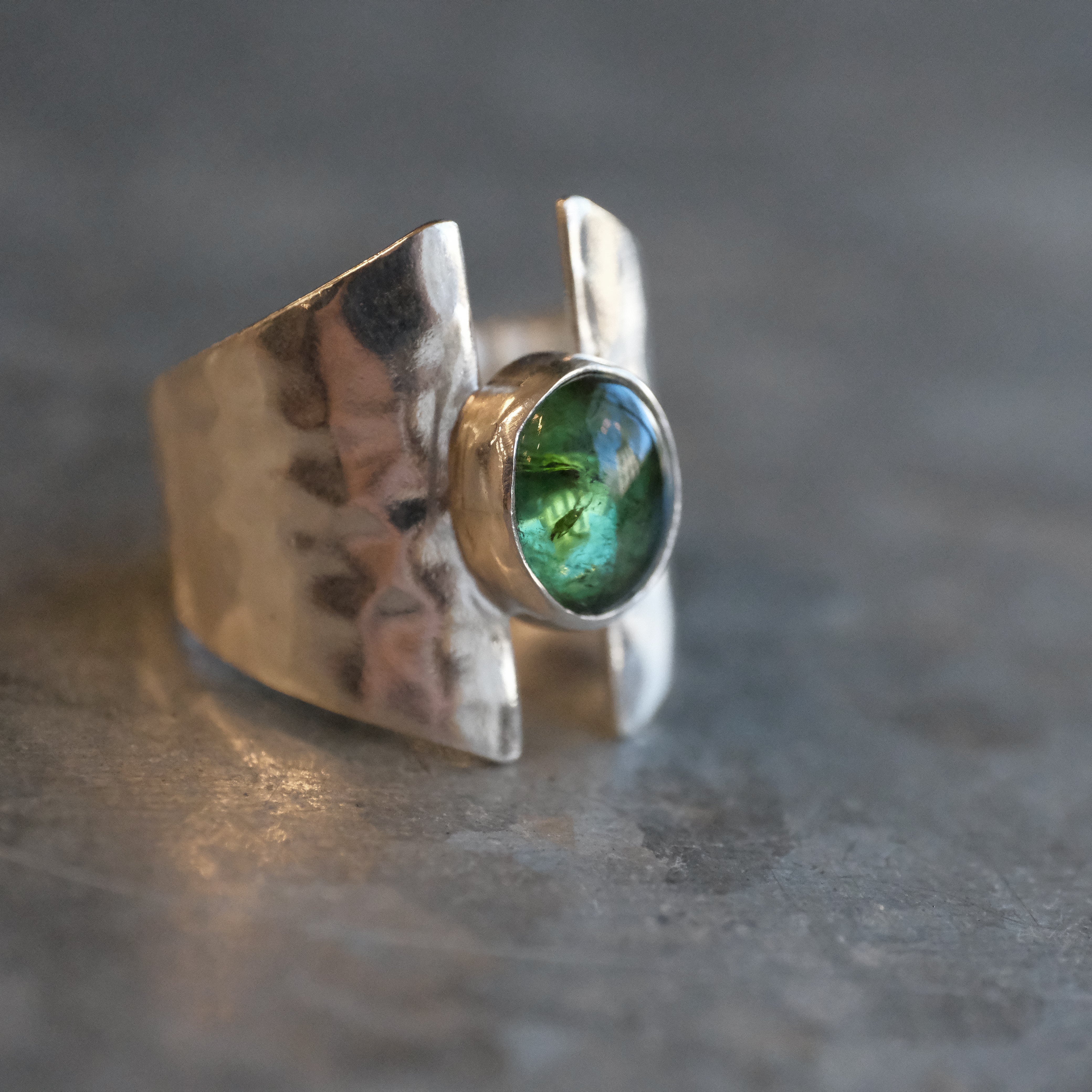Green Tourmaline Shield Ring (Size 7.5) - One of a Kind