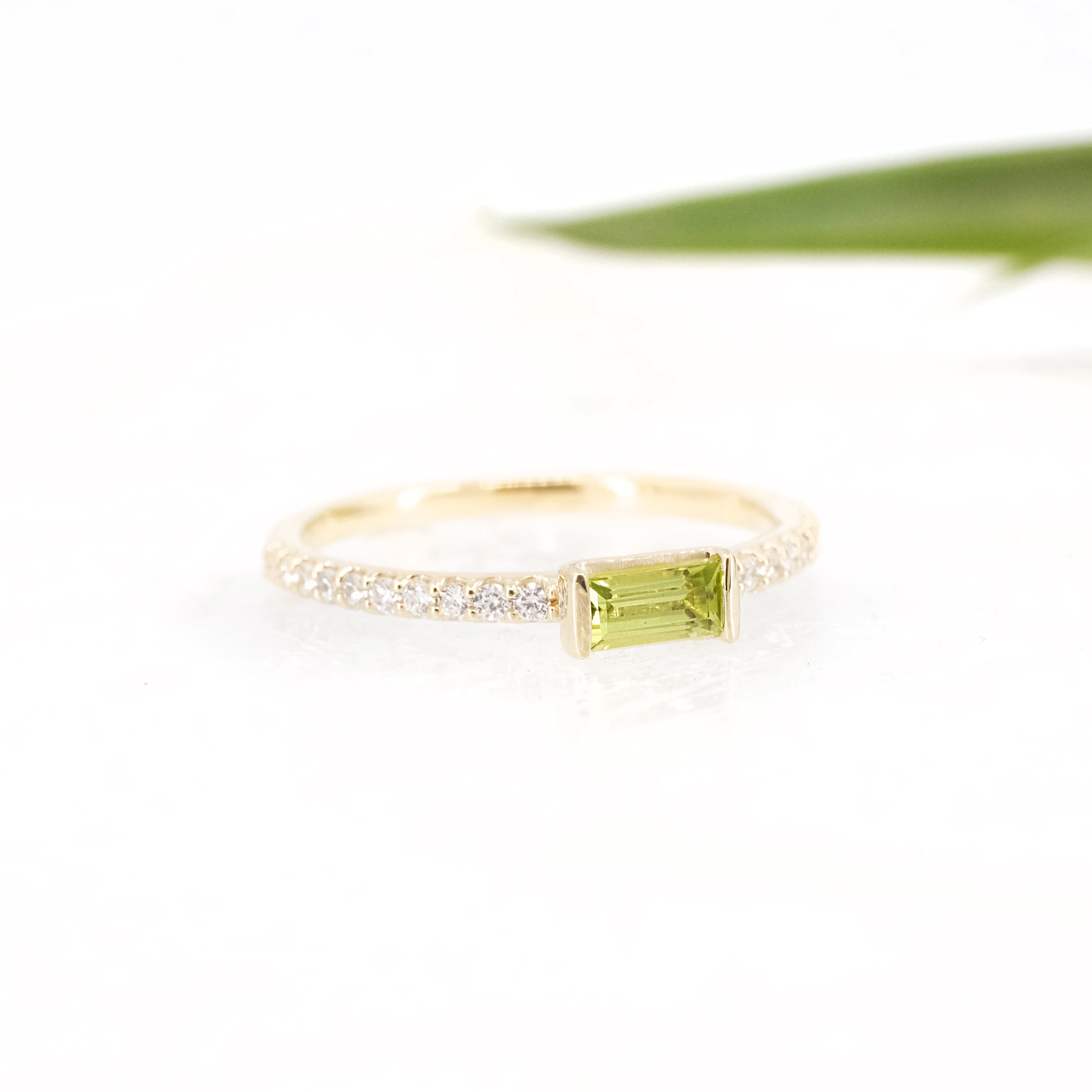 14k Peridot + Natural Diamond Monaco Ring