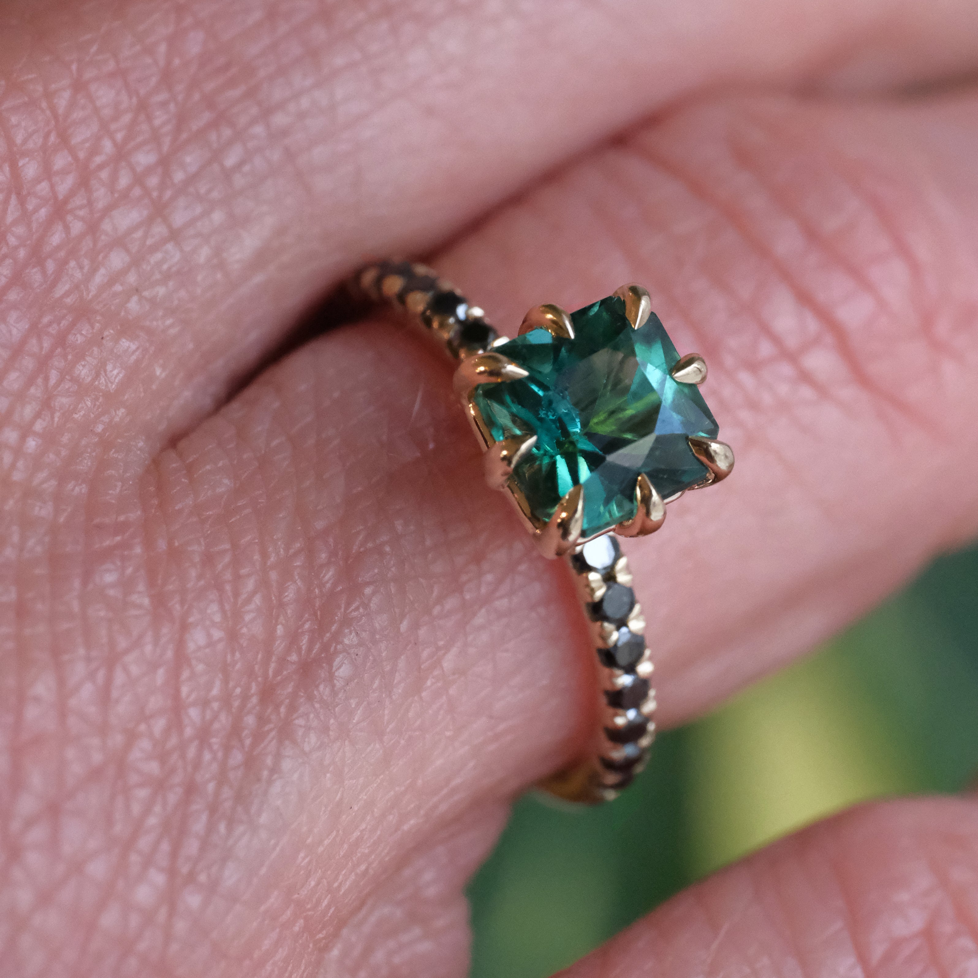 14k Green Tourmaline + Black Diamond Indo Ring - One of a Kind