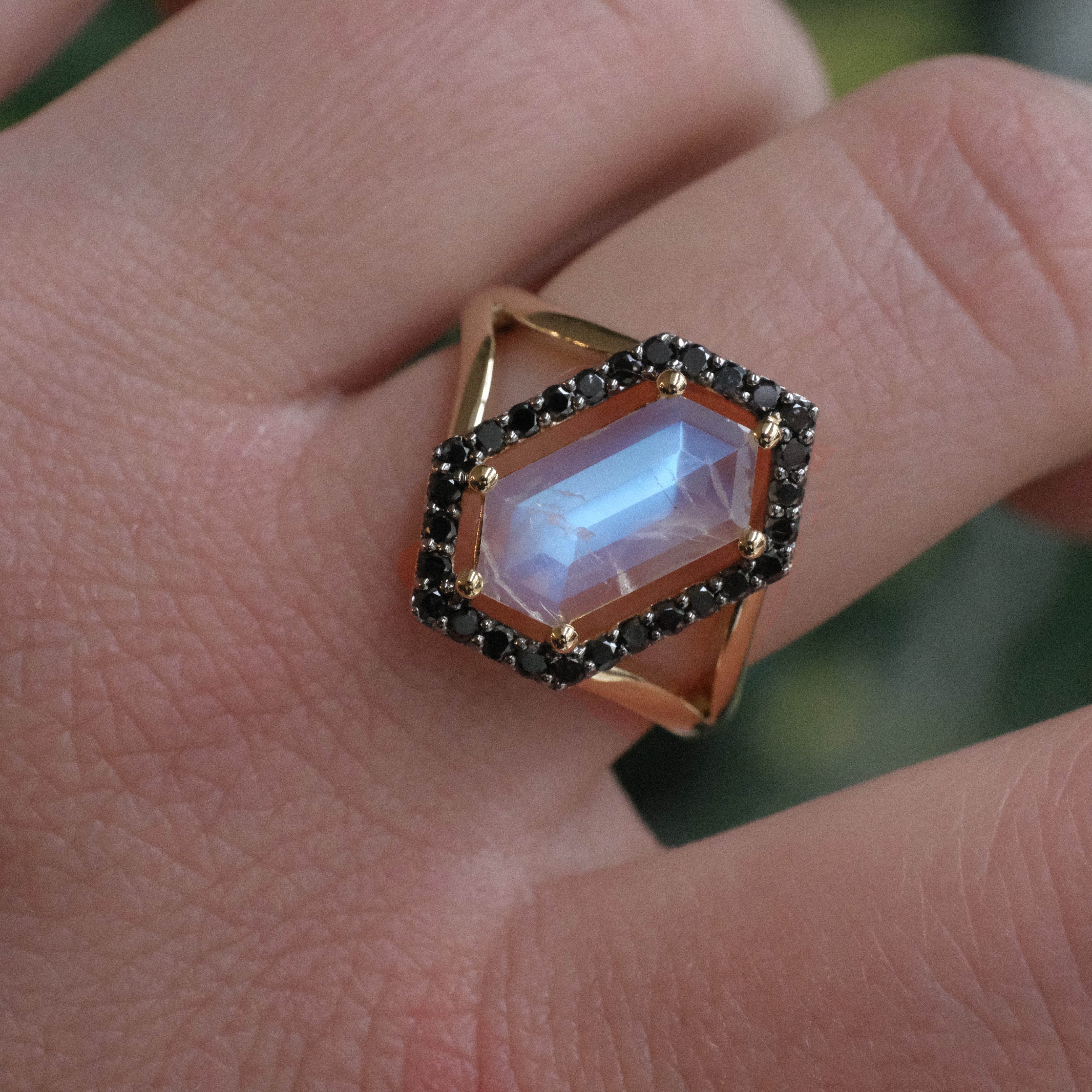 14k Moonstone + Black Diamond Deco Ring - One of a Kind