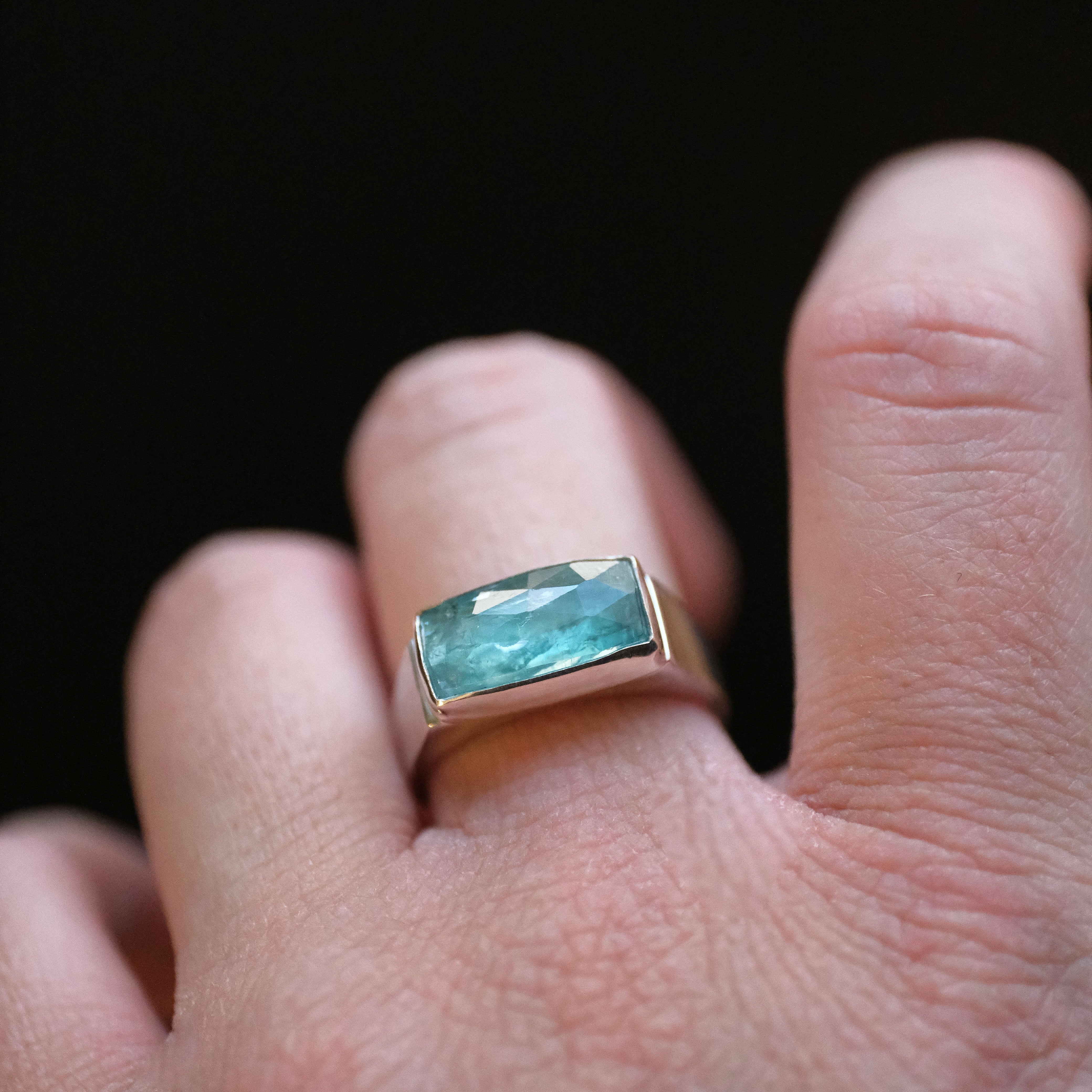 Aqua Kyanite + Sterling Bar Ring (Size 8) - One of a Kind