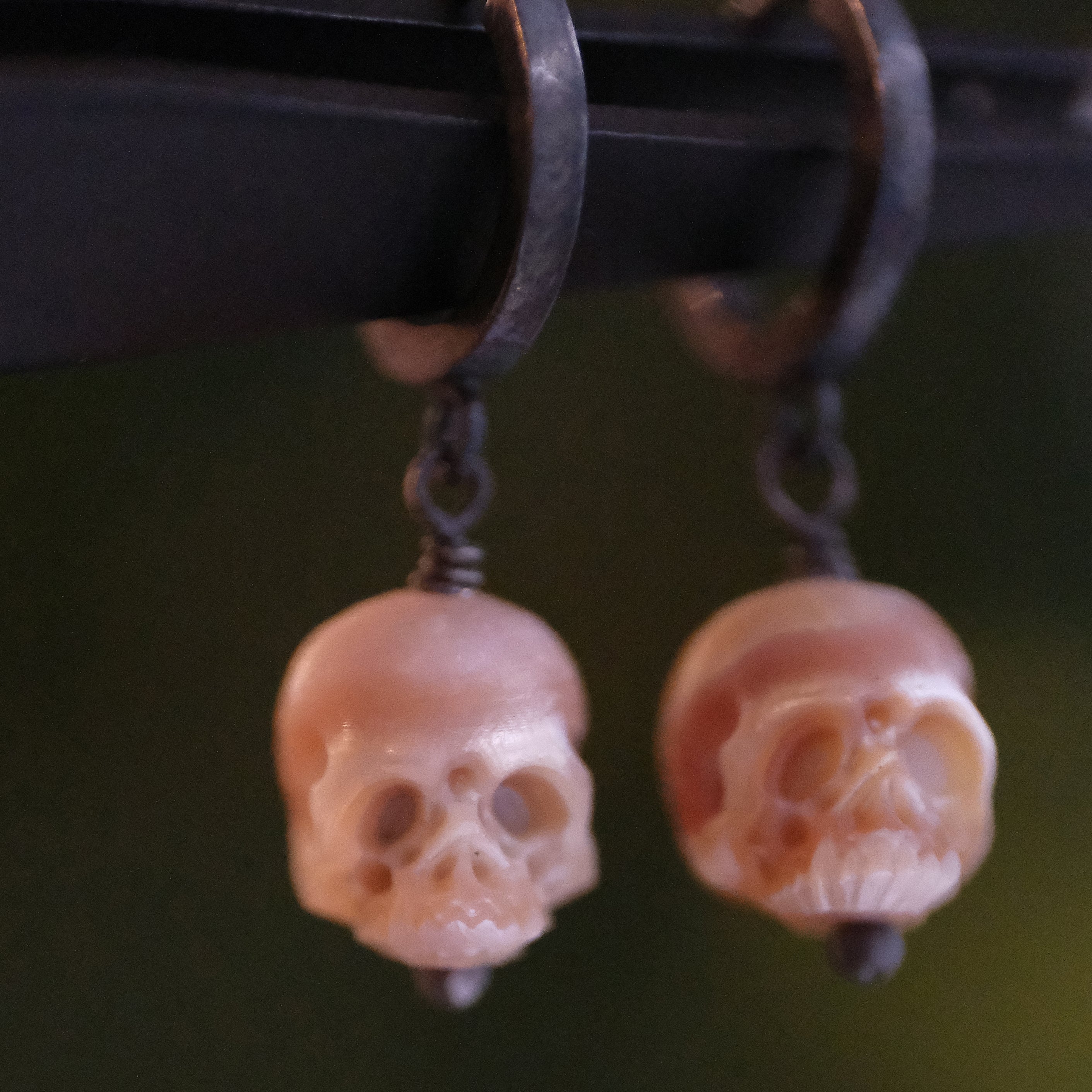 La Morte Carved Pearl Skull Earrings - One of a Kind