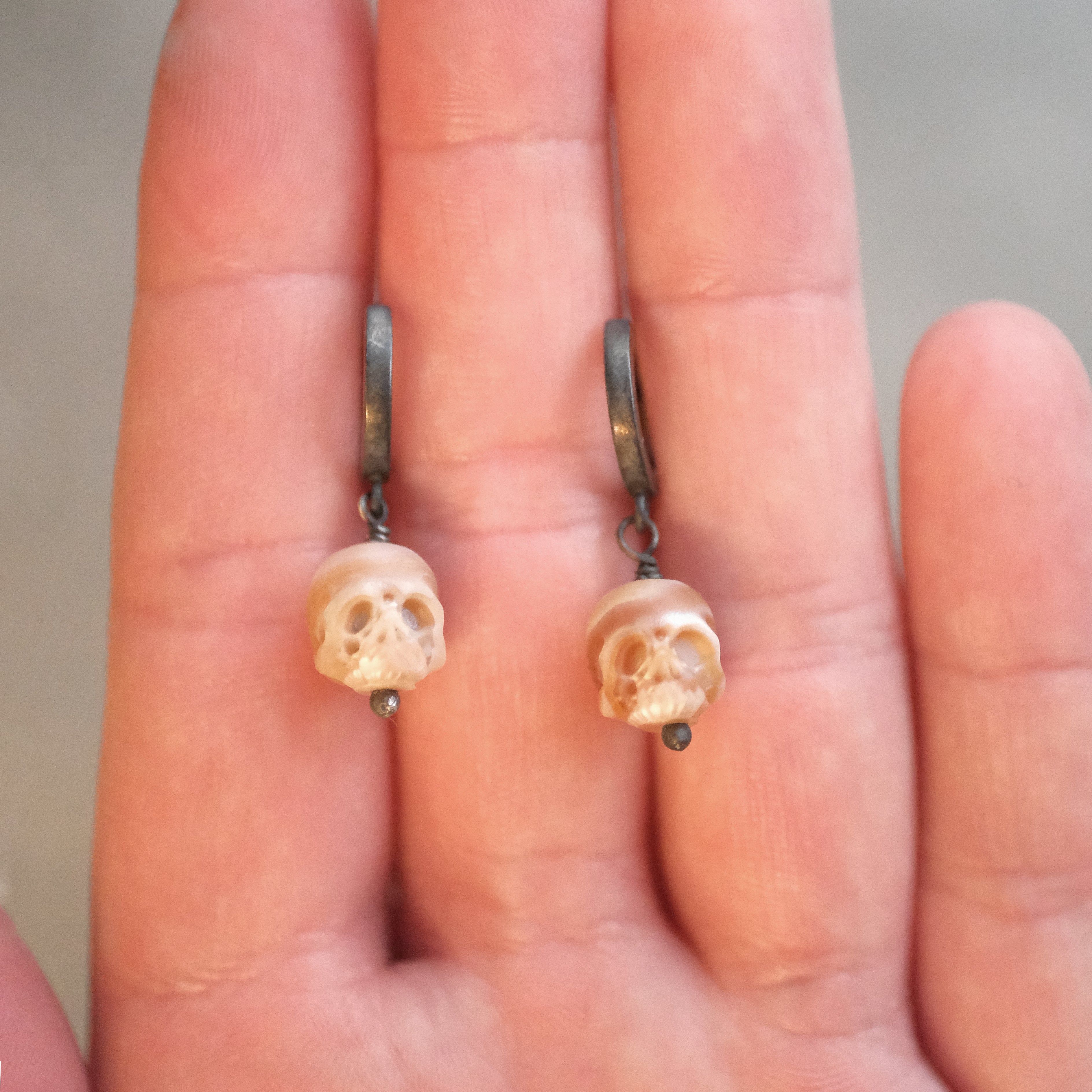 La Morte Carved Pearl Skull Earrings - One of a Kind
