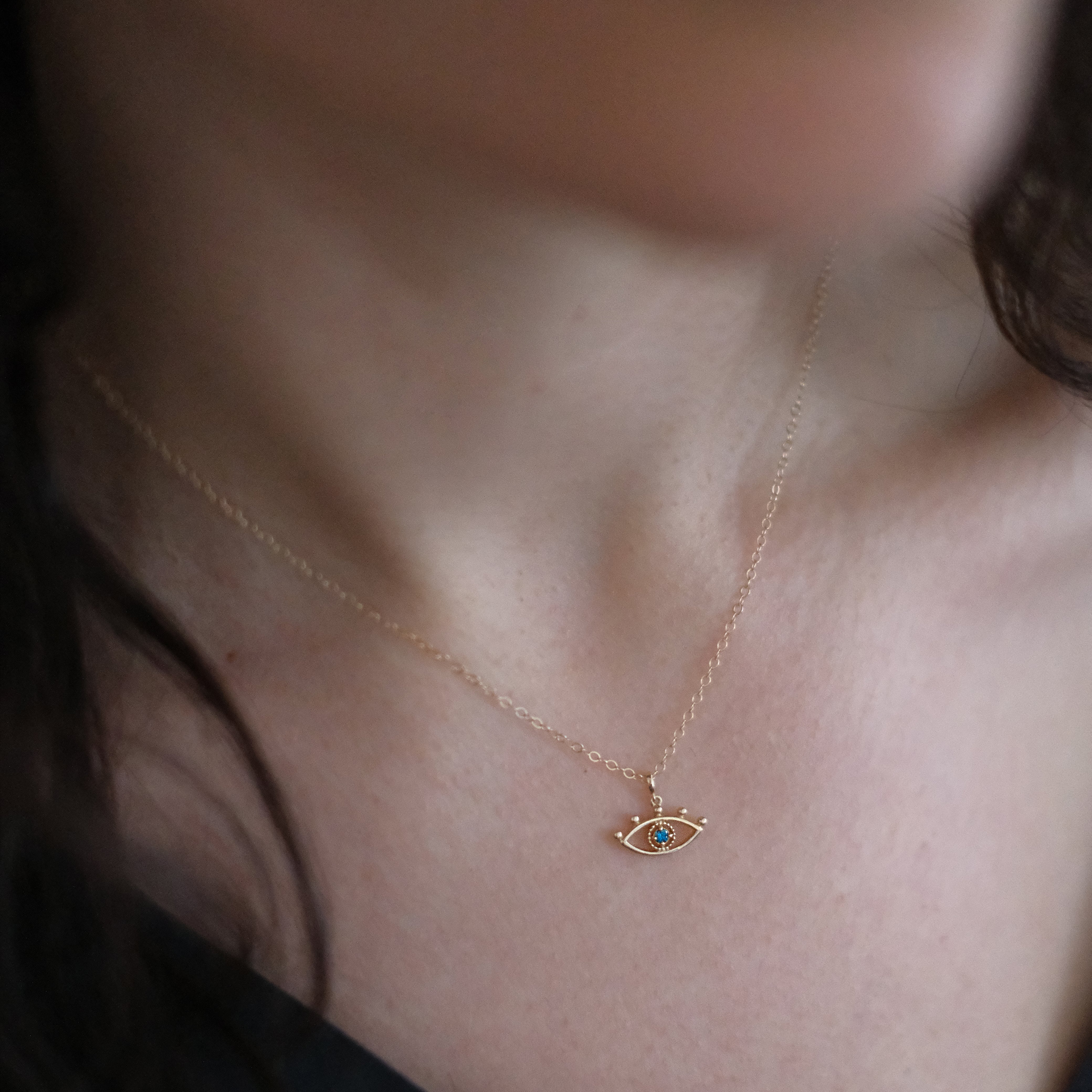 14k + Blue Diamond Evil Eye Necklace
