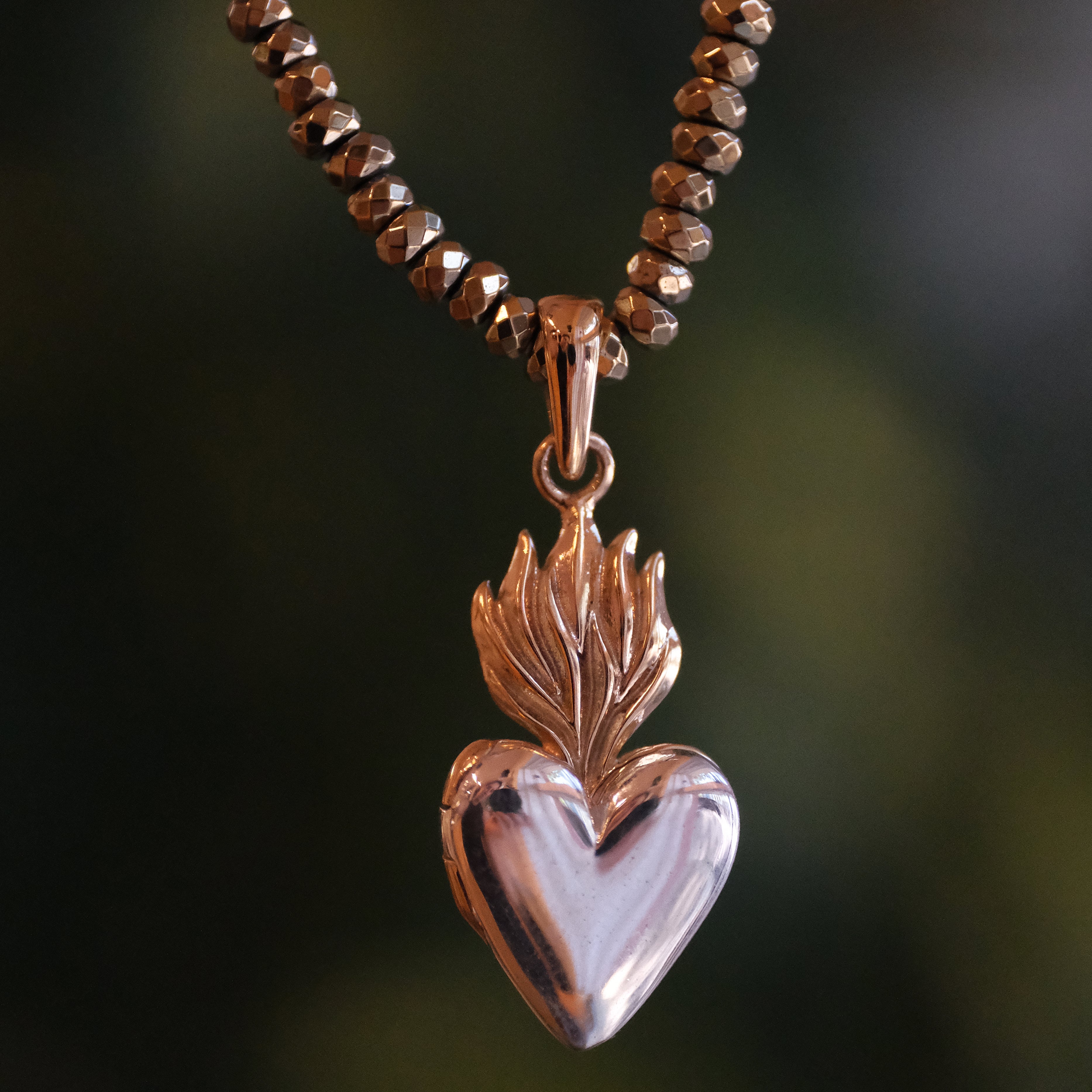Pyrite + Bronze + Sterling Flaming Heart Locket