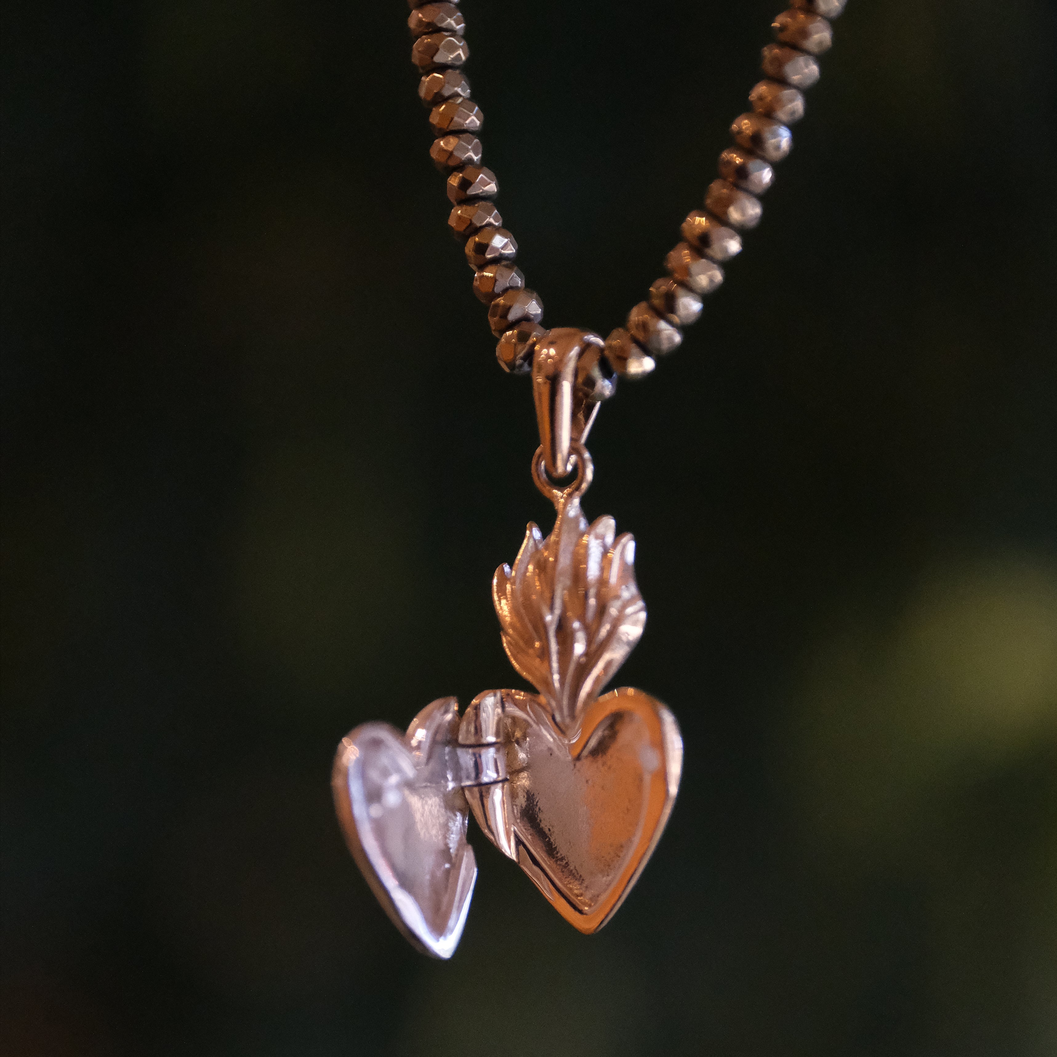 Pyrite + Bronze + Sterling Flaming Heart Locket