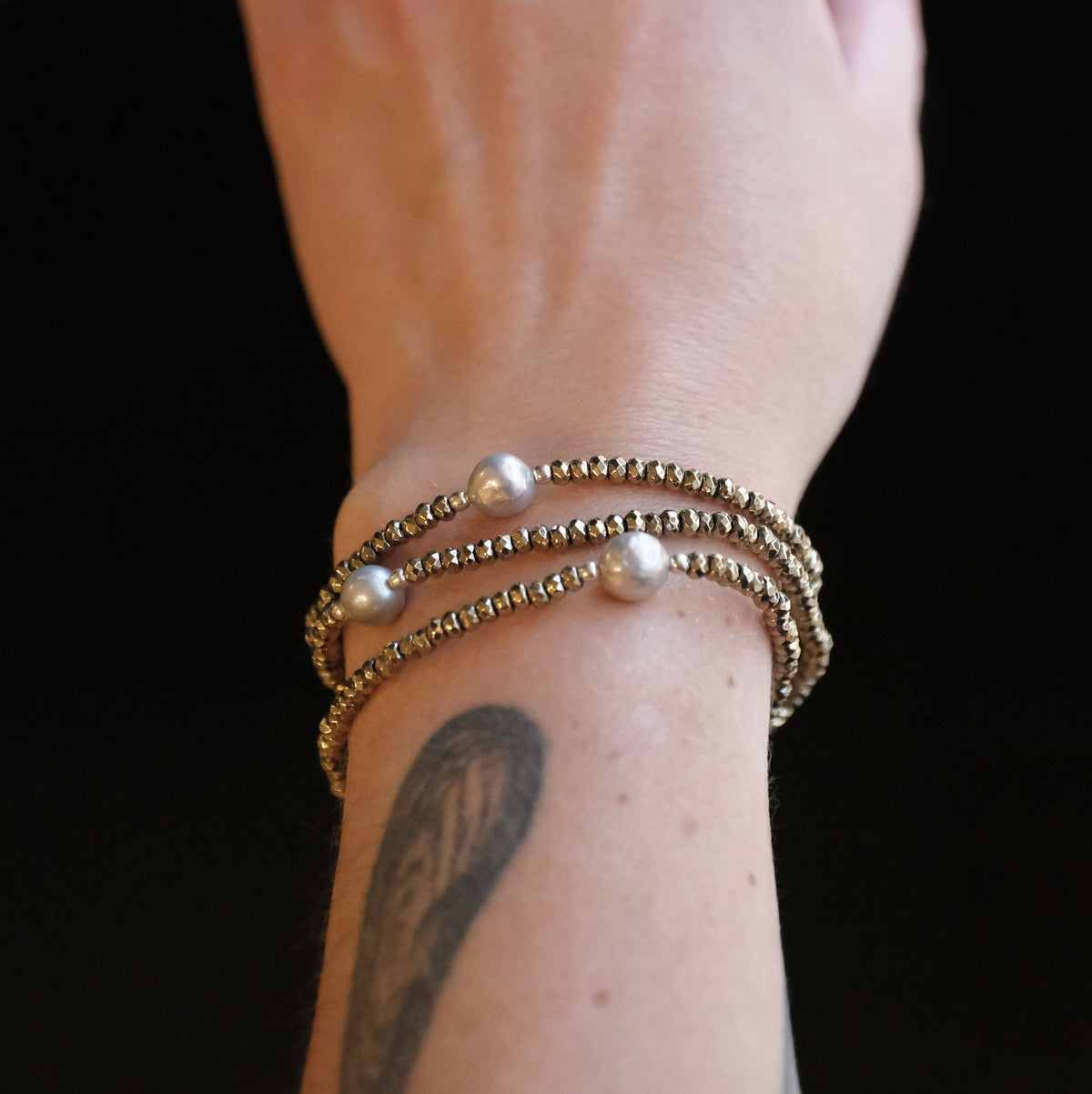 Pyrite + Freshwater Pearl Lady Grey Bracelets