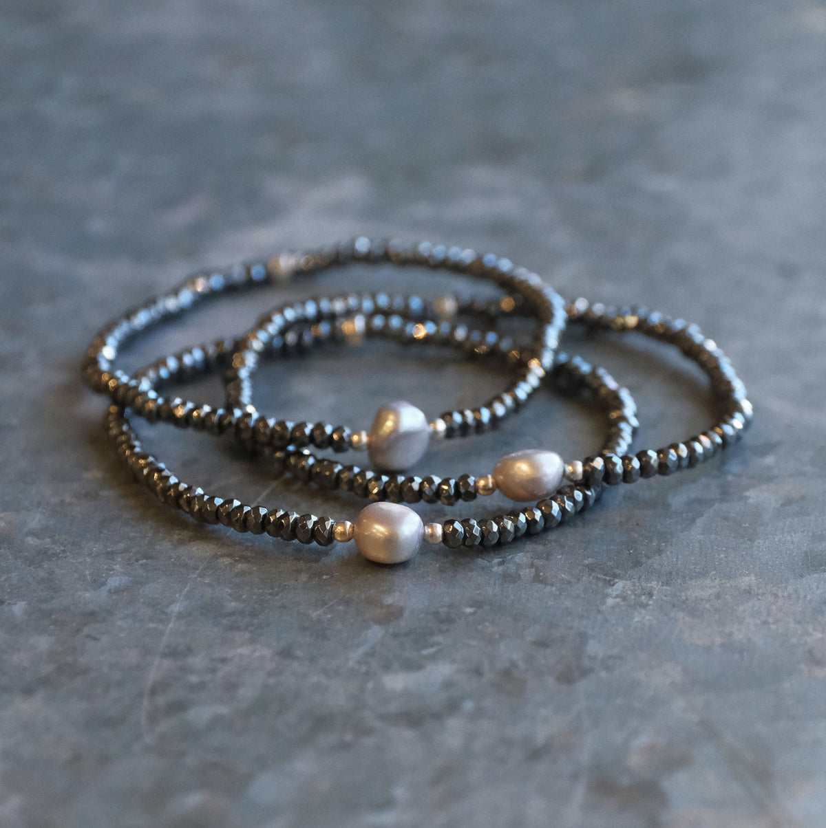 Hematite + Freshwater Pearl Lady Midnight Bracelets