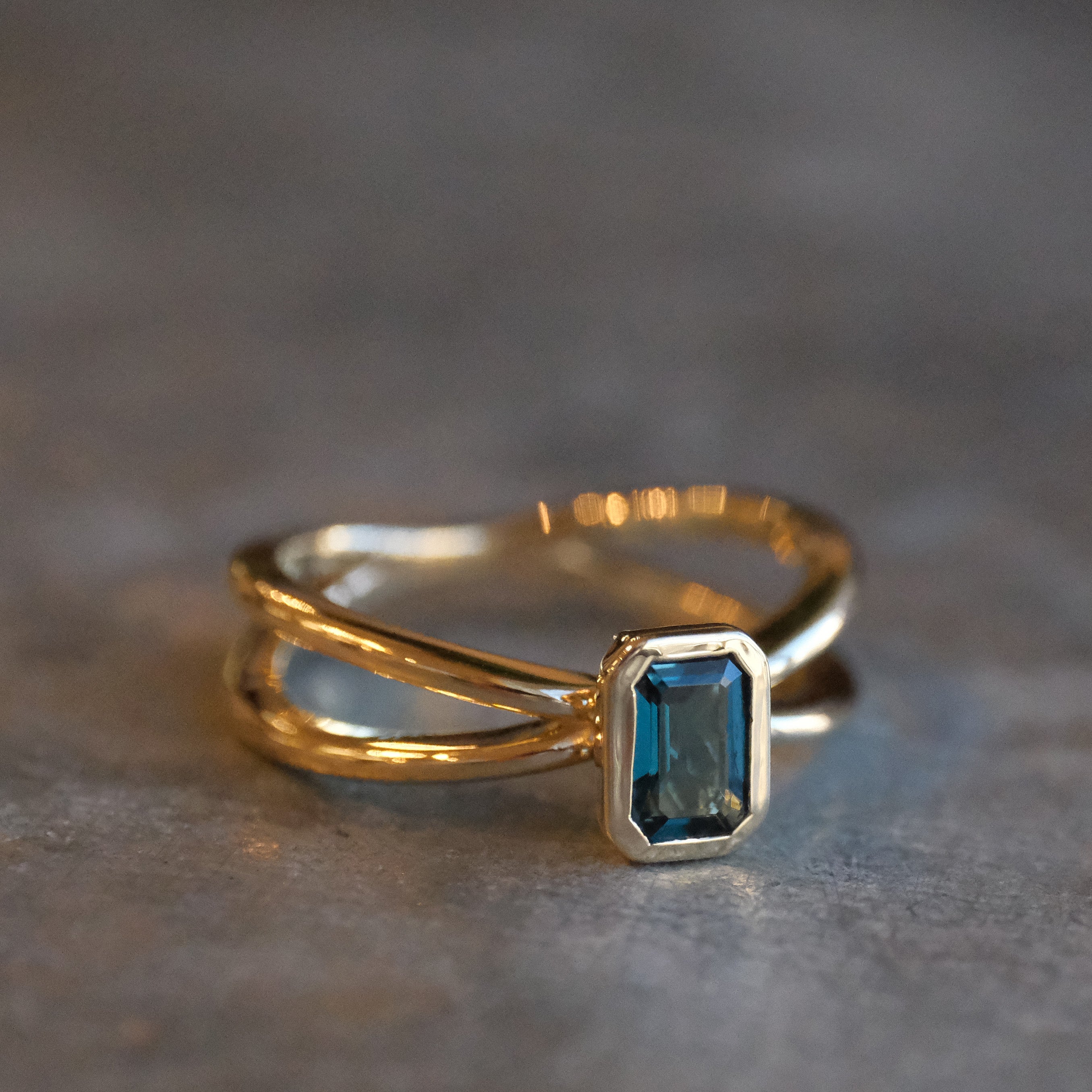 14k + London Blue Topaz Atom Ring