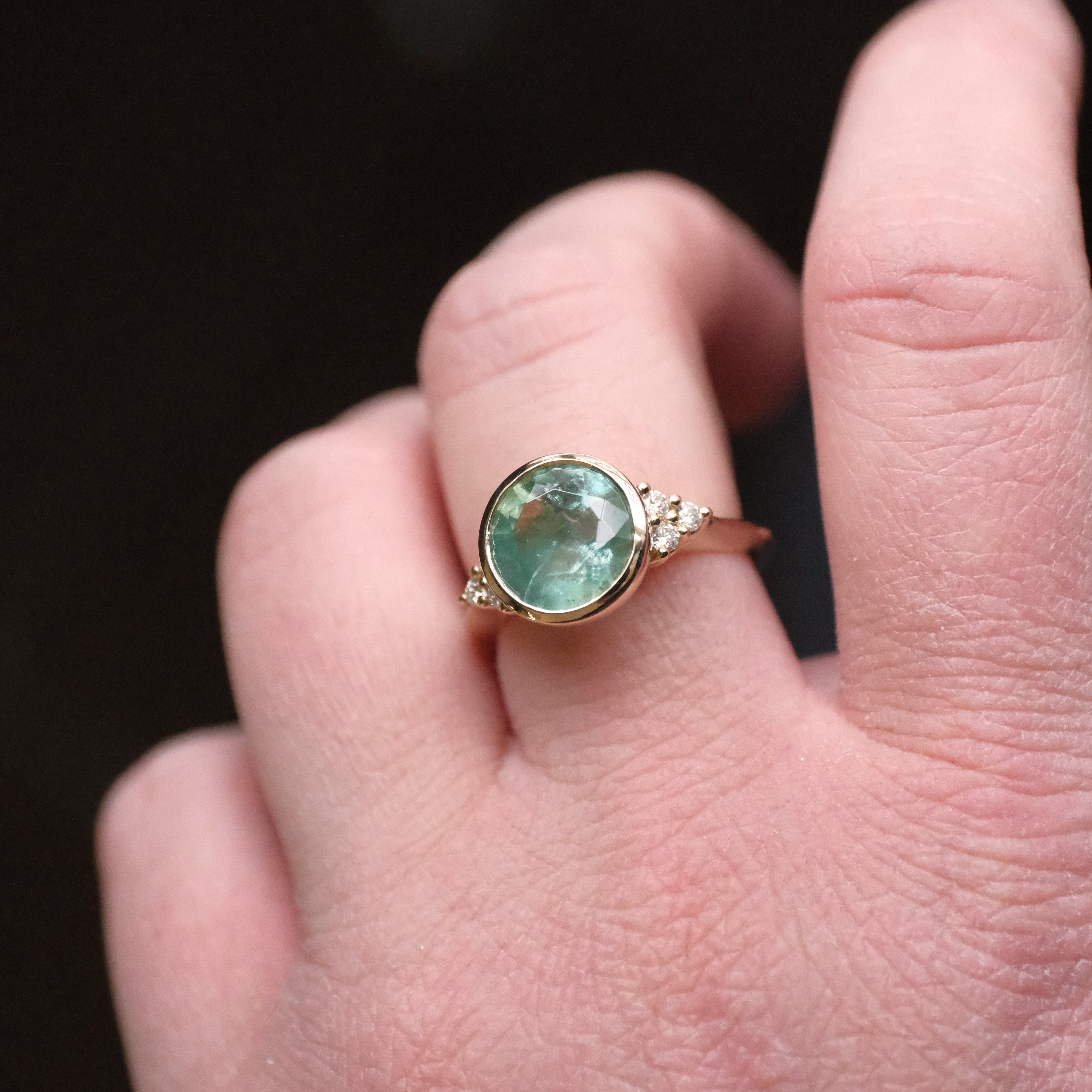14k Kornerupine + Natural Diamond Spearmint Ring - One of a Kind