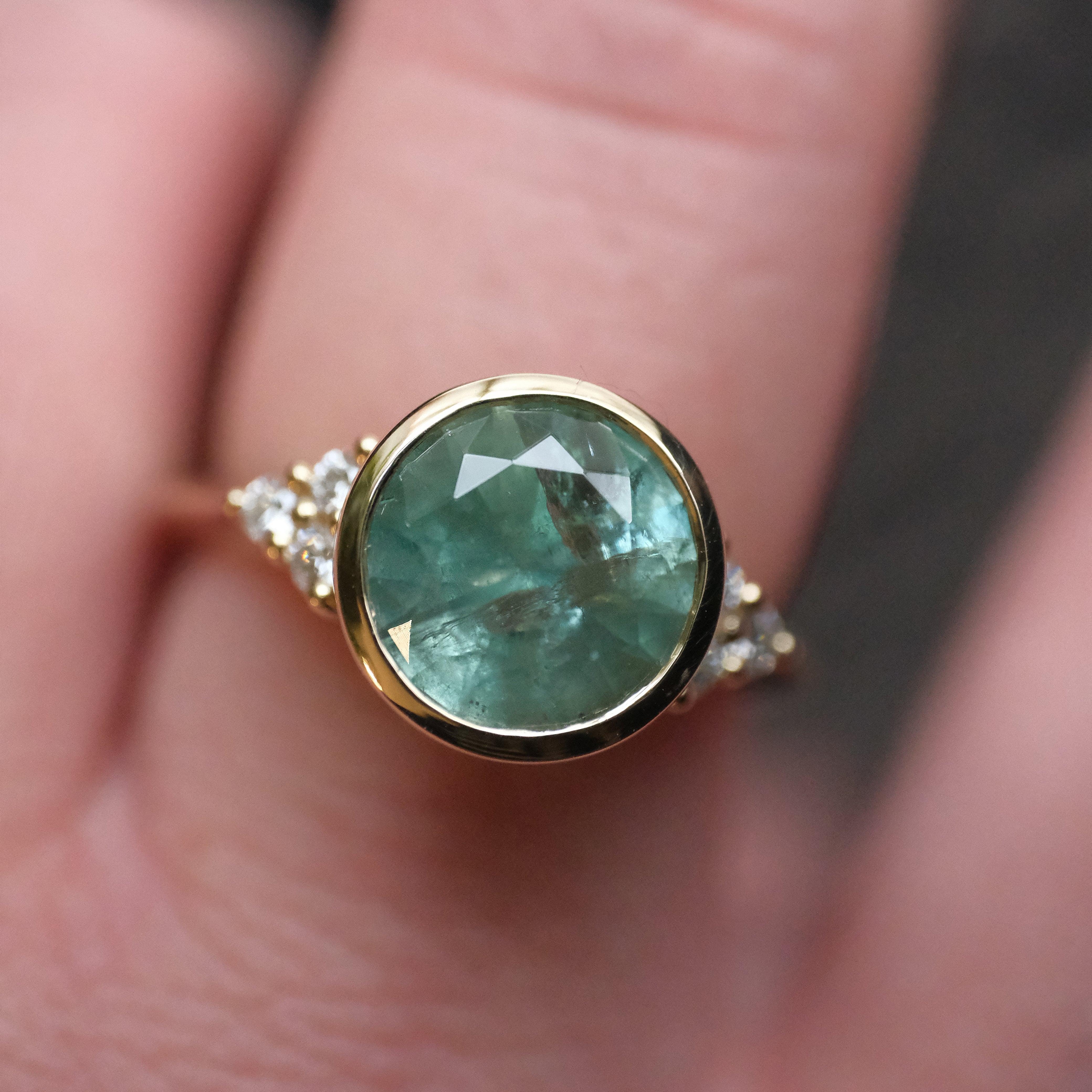 14k Kornerupine + Natural Diamond Spearmint Ring - One of a Kind