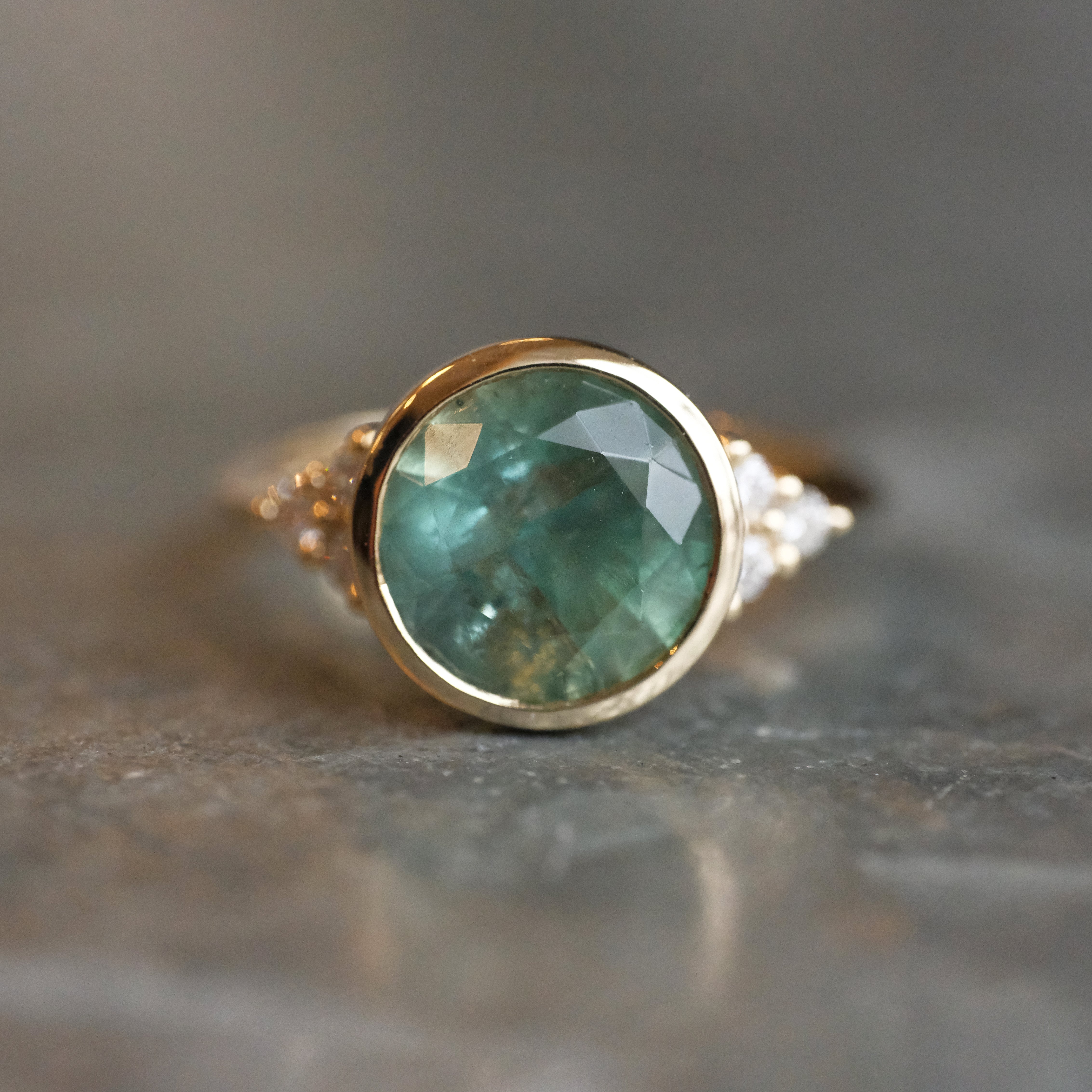 14k Kornerupine + Natural Diamond Spearmint Ring - One of a Kind