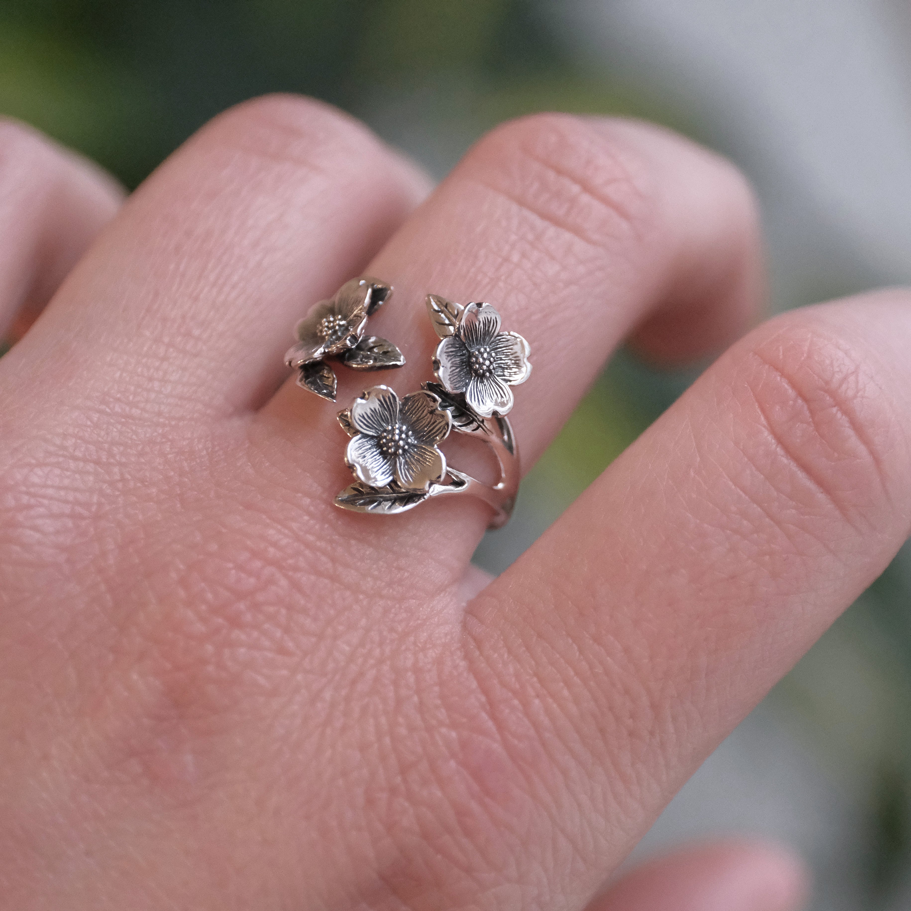 Sterling Dogwood Blossom Ring - Adjustable