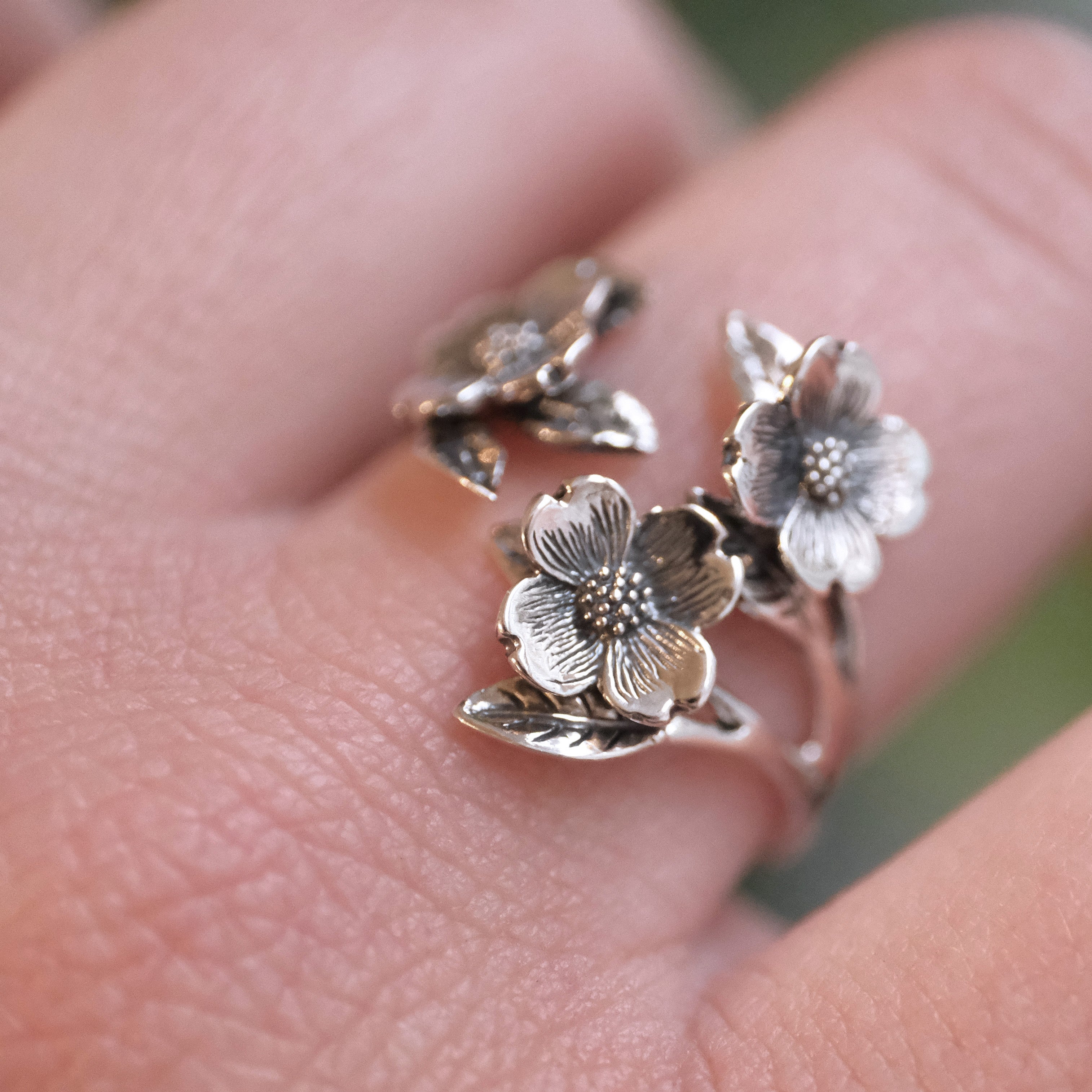 Sterling Dogwood Blossom Ring - Adjustable