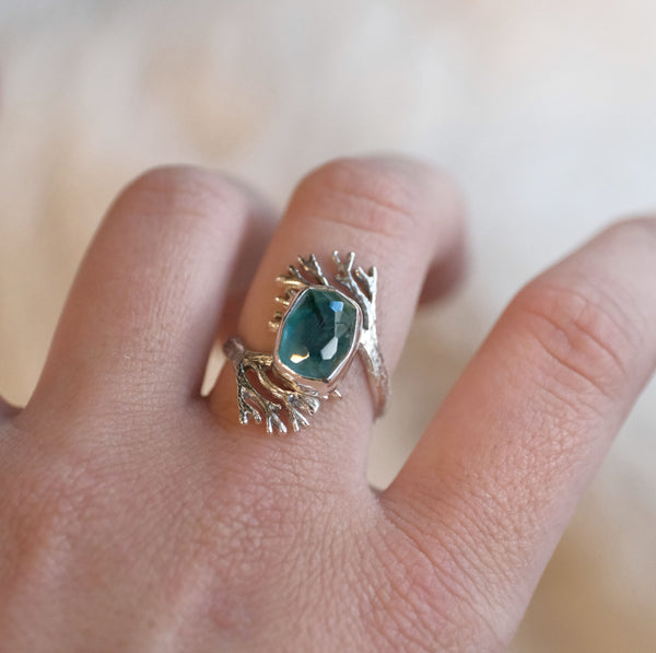 Blue Tourmaline Coral Ring (Size 7) - One of a Kind