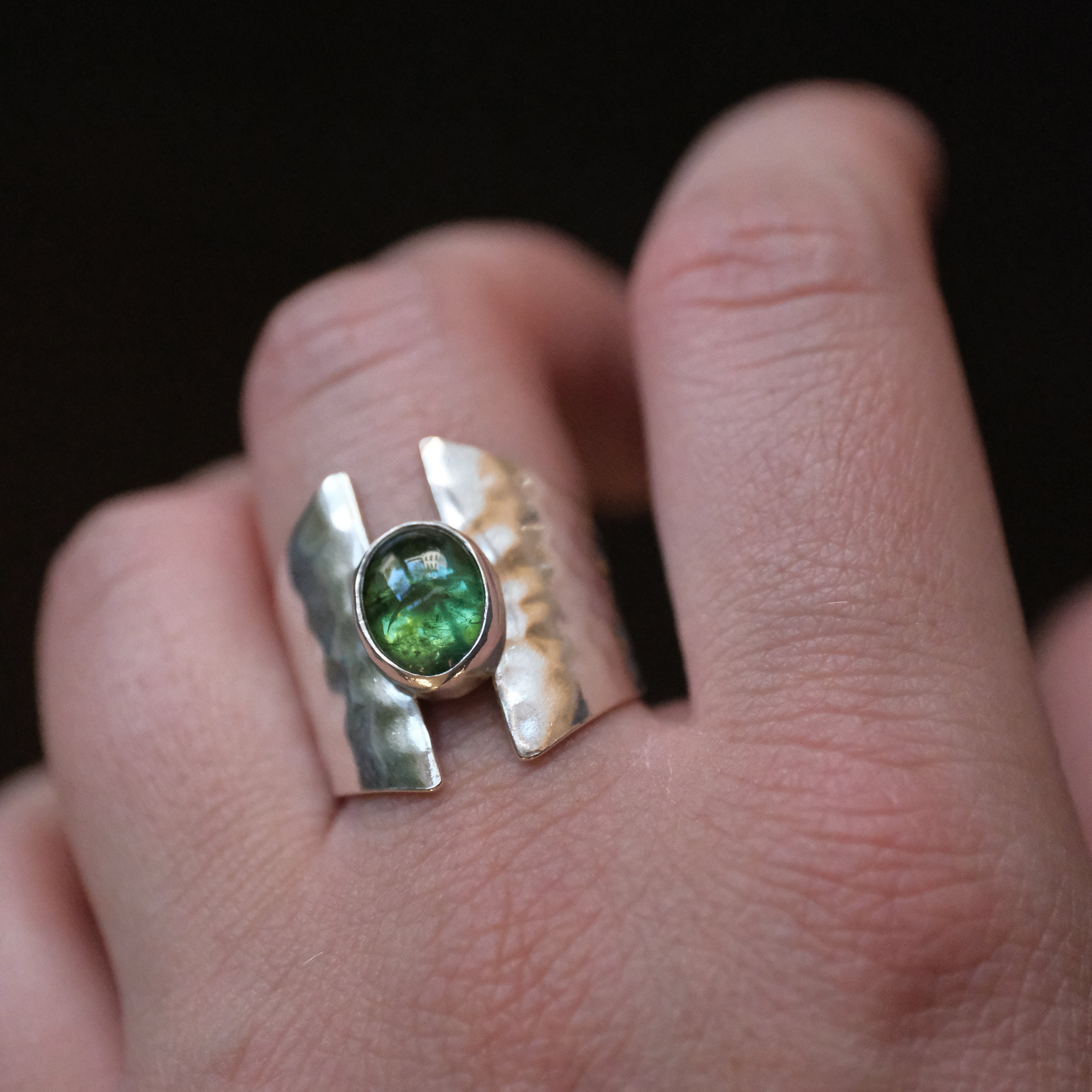 Green Tourmaline Shield Ring (Size 7.5) - One of a Kind